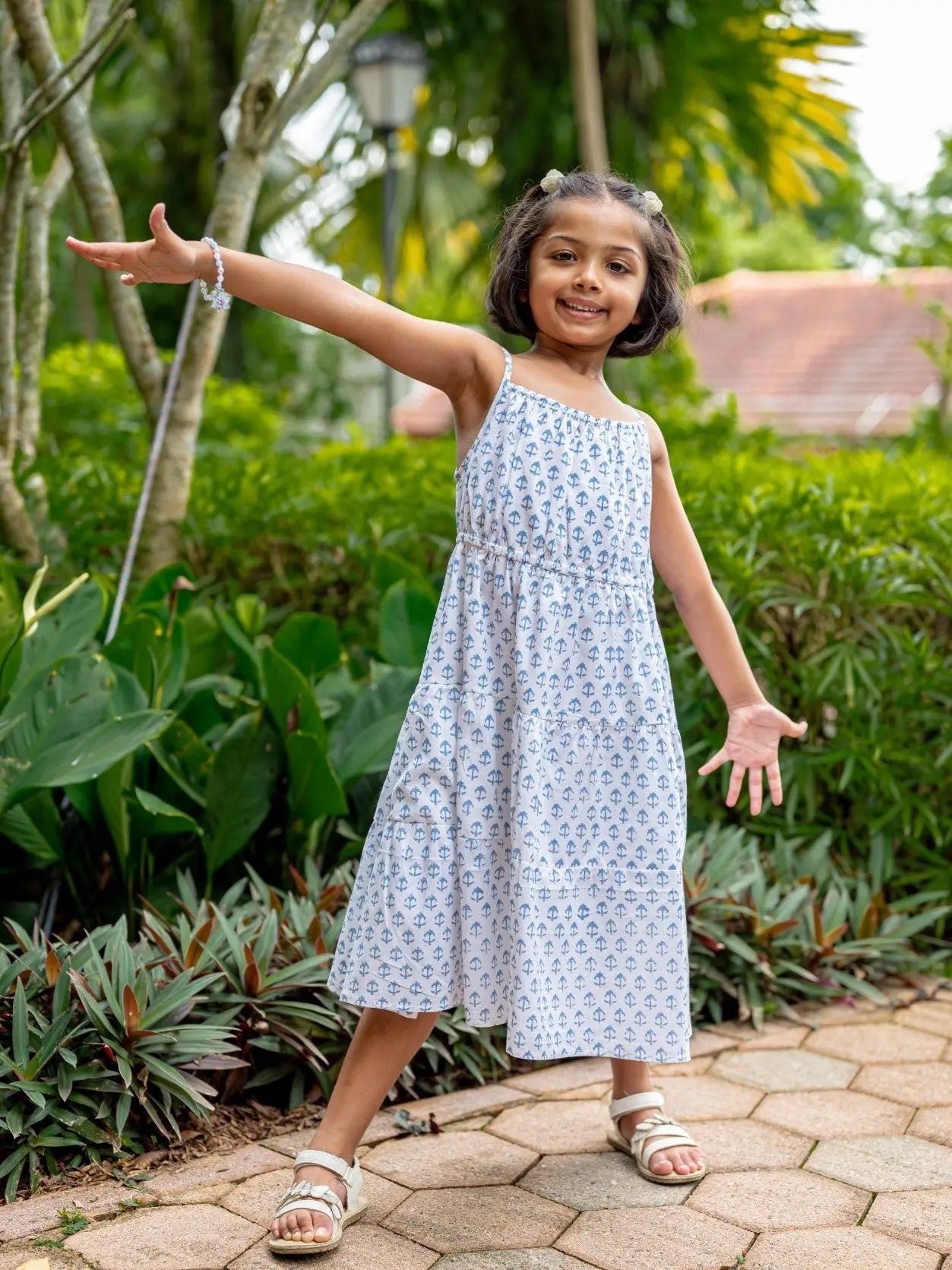 Sasha White Anchor Girls Long Dress in Cotton Nimbu