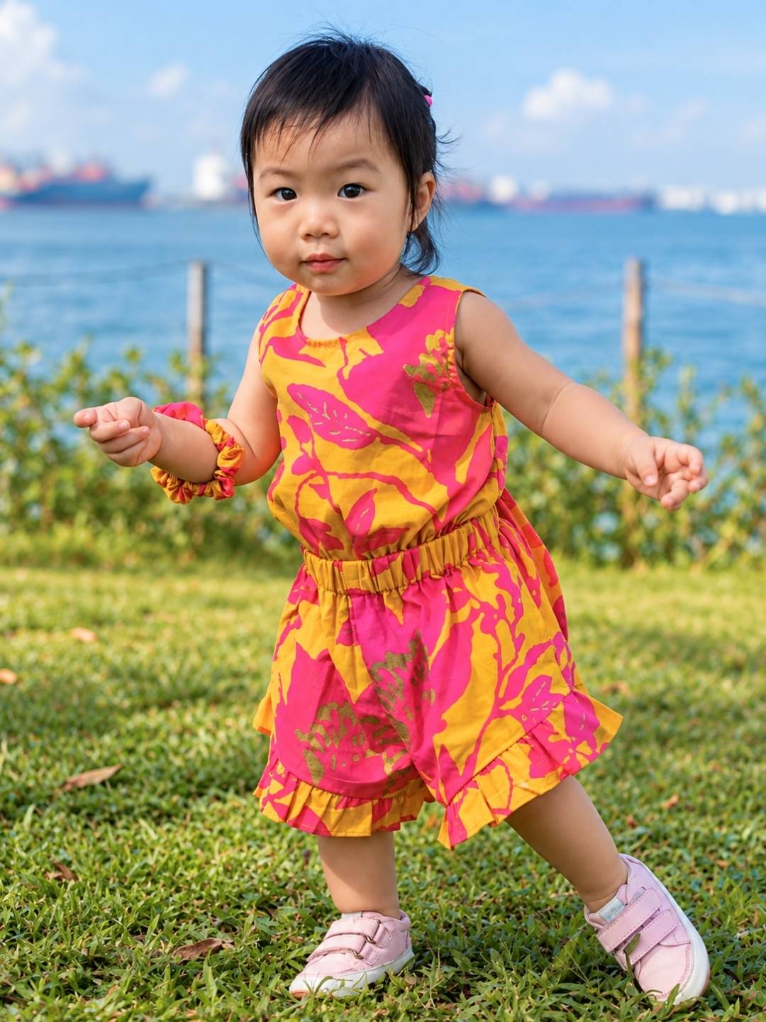 Girls mustard and hot pink cotton playsuit with floral print, sleeveless design, and elastic waist, toddler size,.