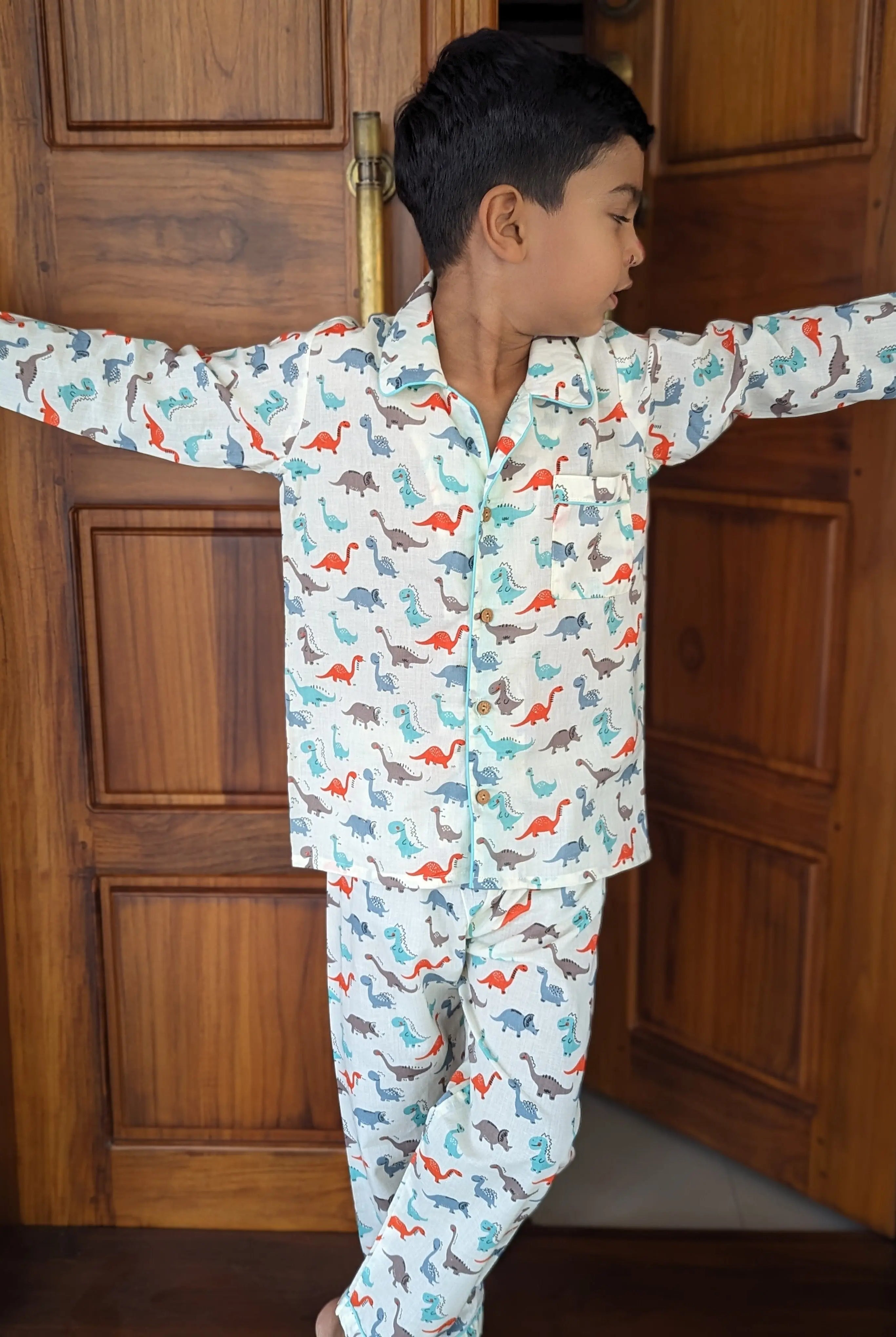 Dancing Dino Cotton PJ set for Kids Nimbu Kids