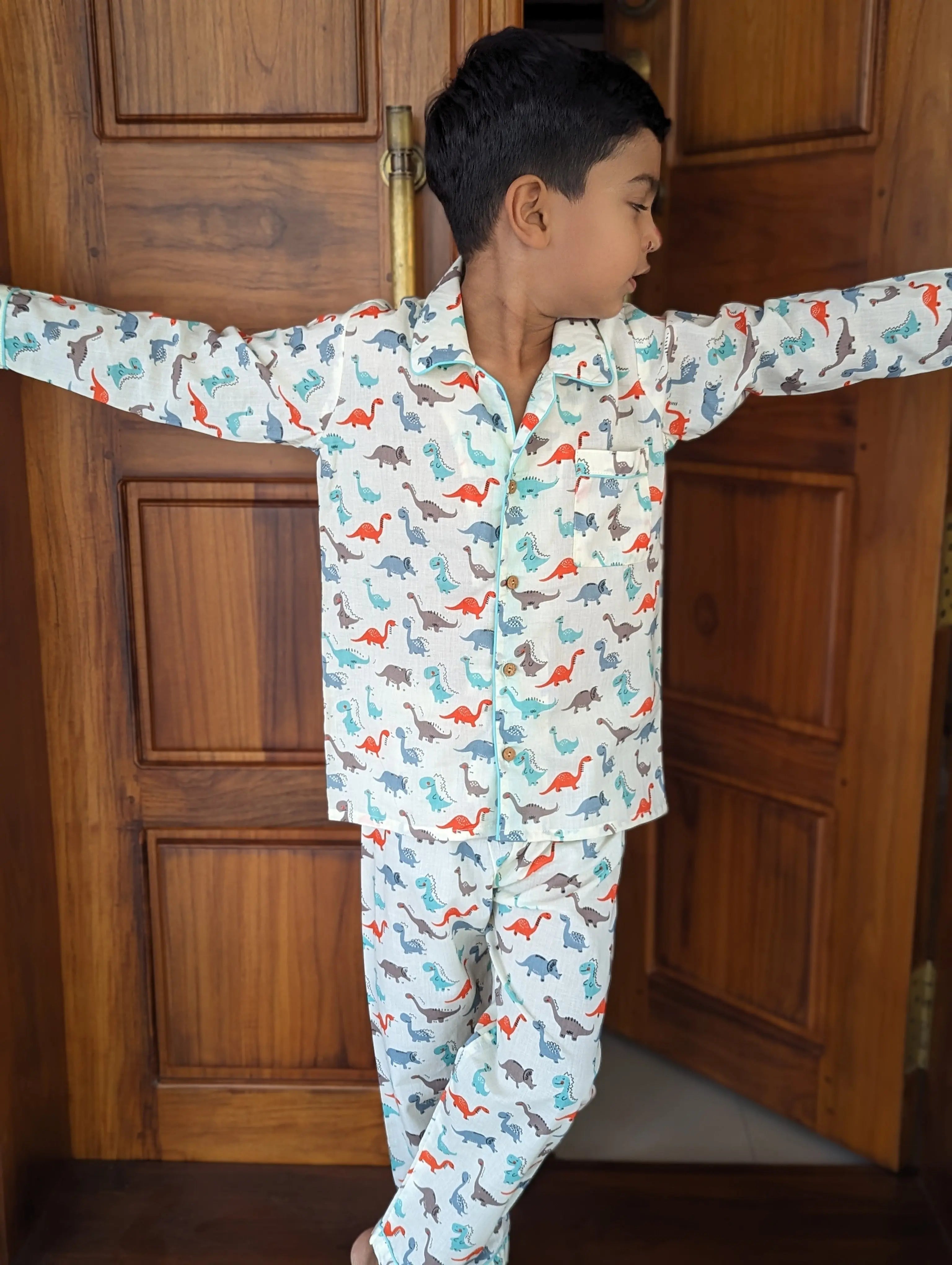 Dancing Dino Cotton PJ set for Kids Nimbu Kids