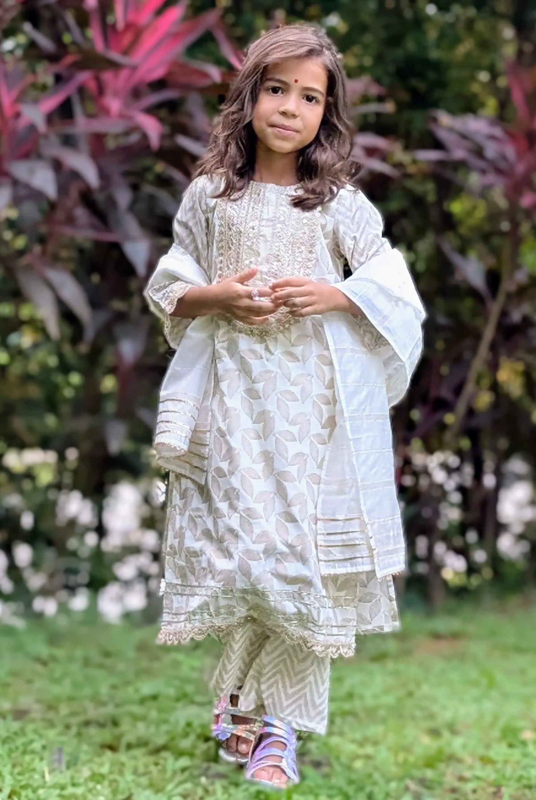 Zoya Girls White & Gold Kurta Salwar in Cotton Nimbu
