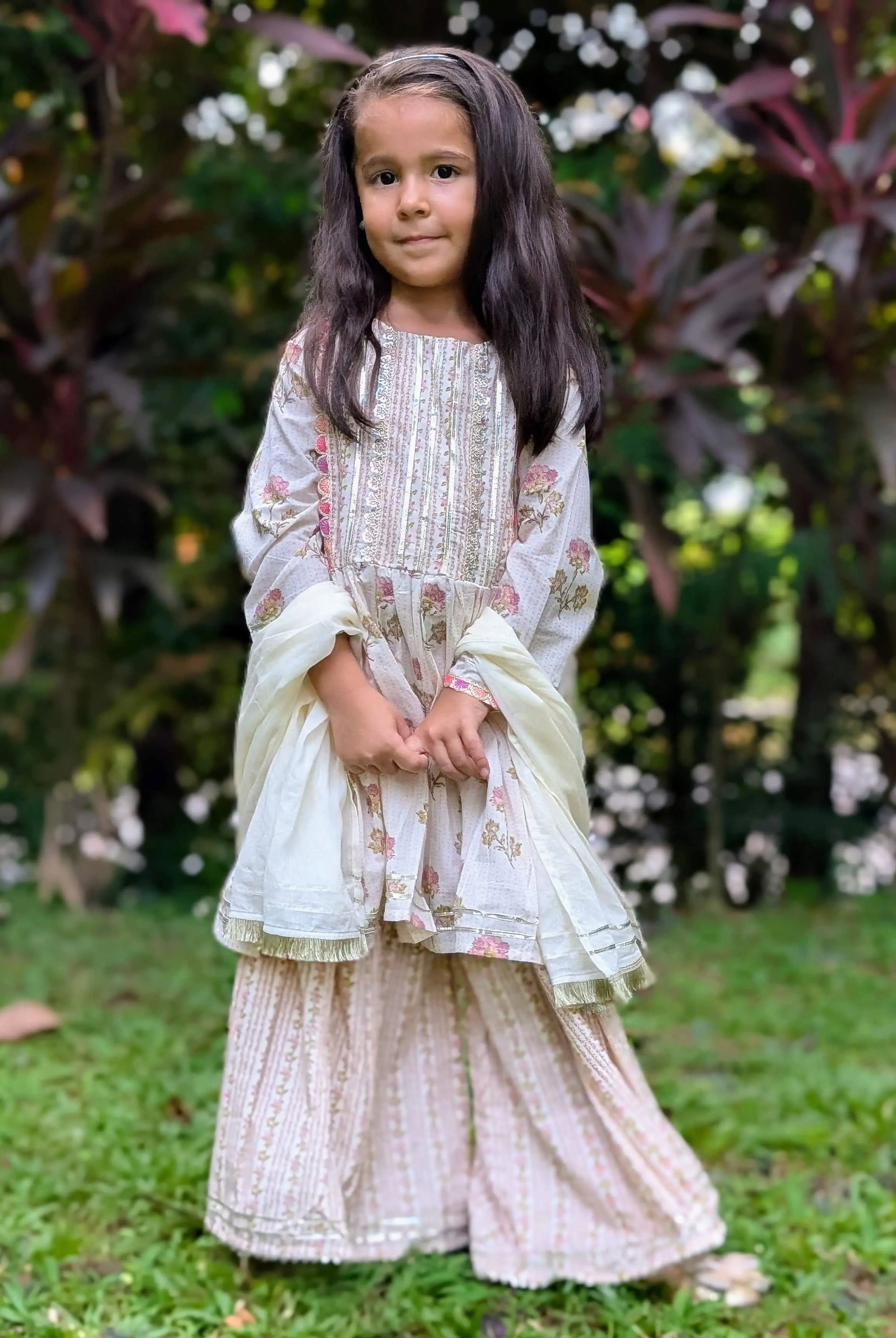 Pink Bloom Cotton Girls Kurti Sharara with matching Dupatta Nimbu