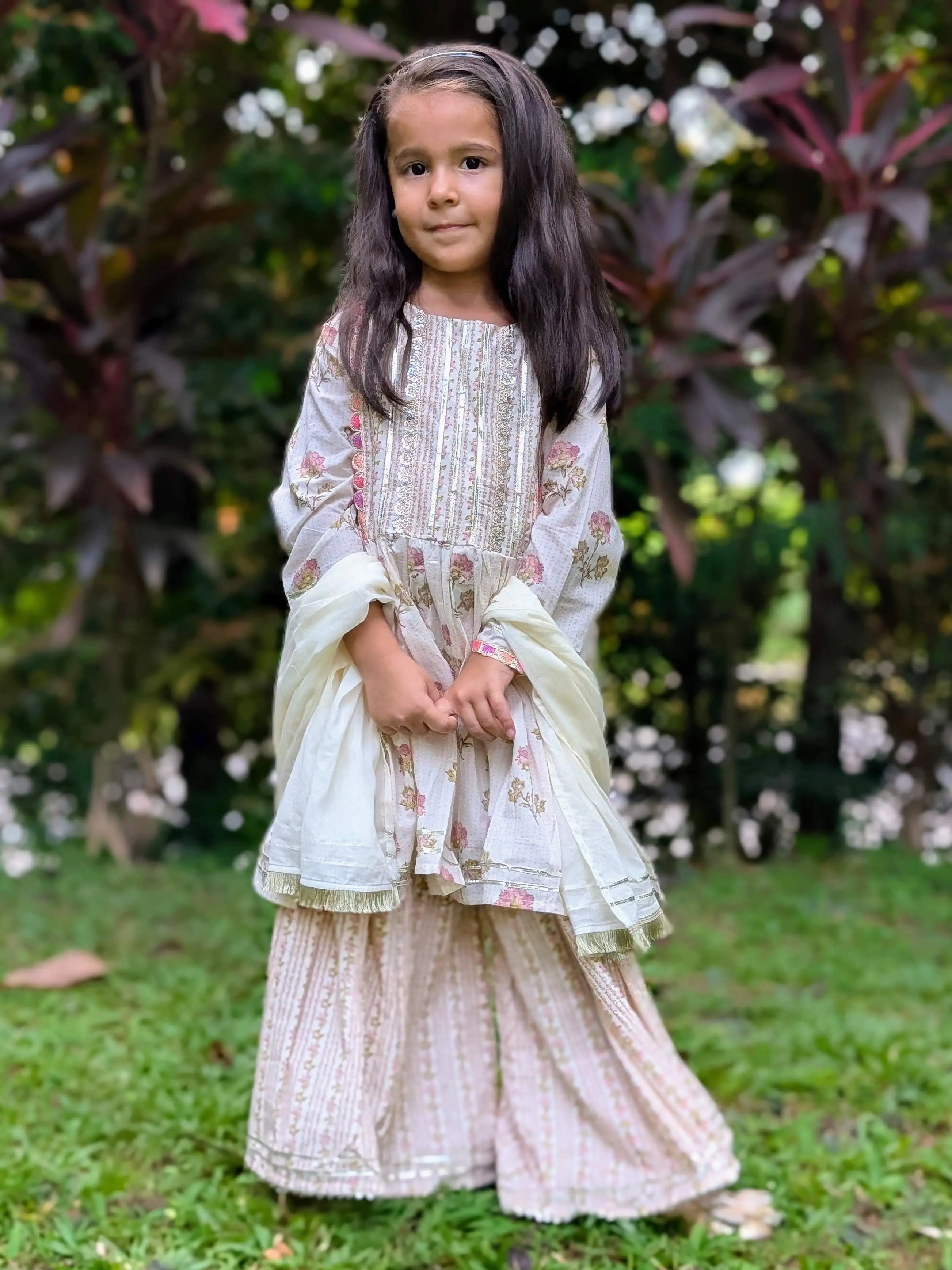 Pink Bloom Cotton Girls Kurti Sharara with matching Dupatta Nimbu