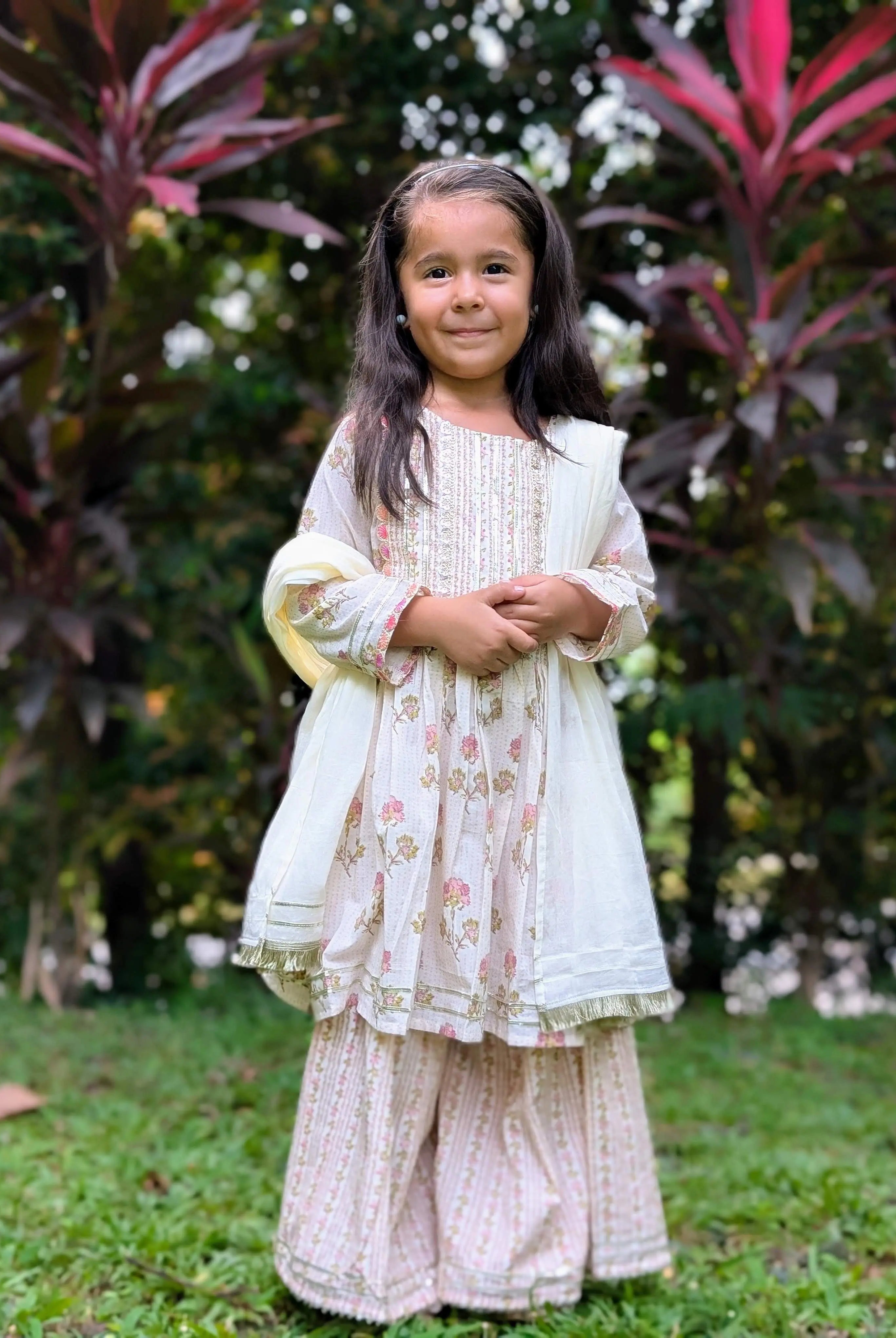 Pink Bloom Cotton Girls Kurti Sharara with matching Dupatta Nimbu