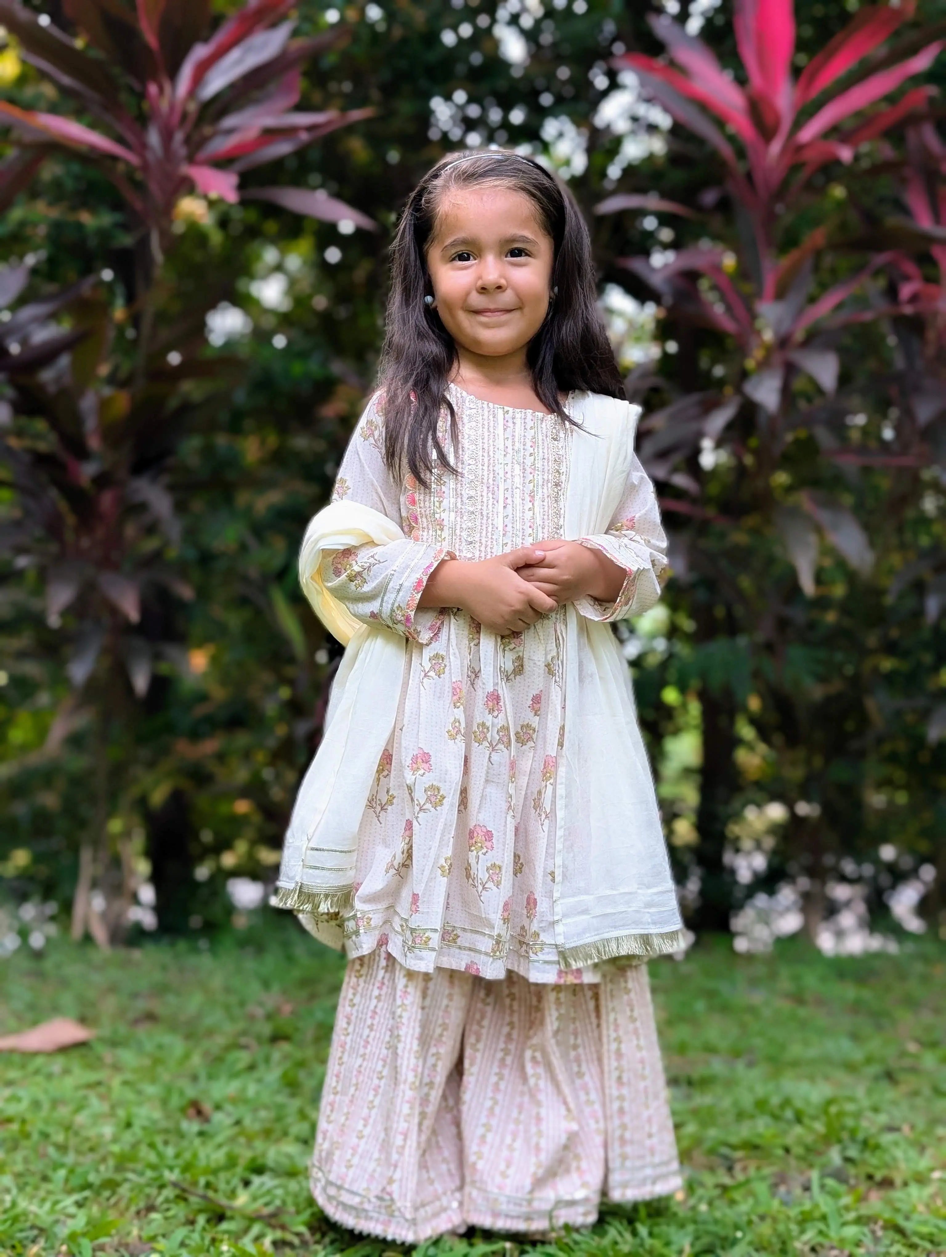 Pink Bloom Cotton Girls Kurti Sharara with matching Dupatta Nimbu