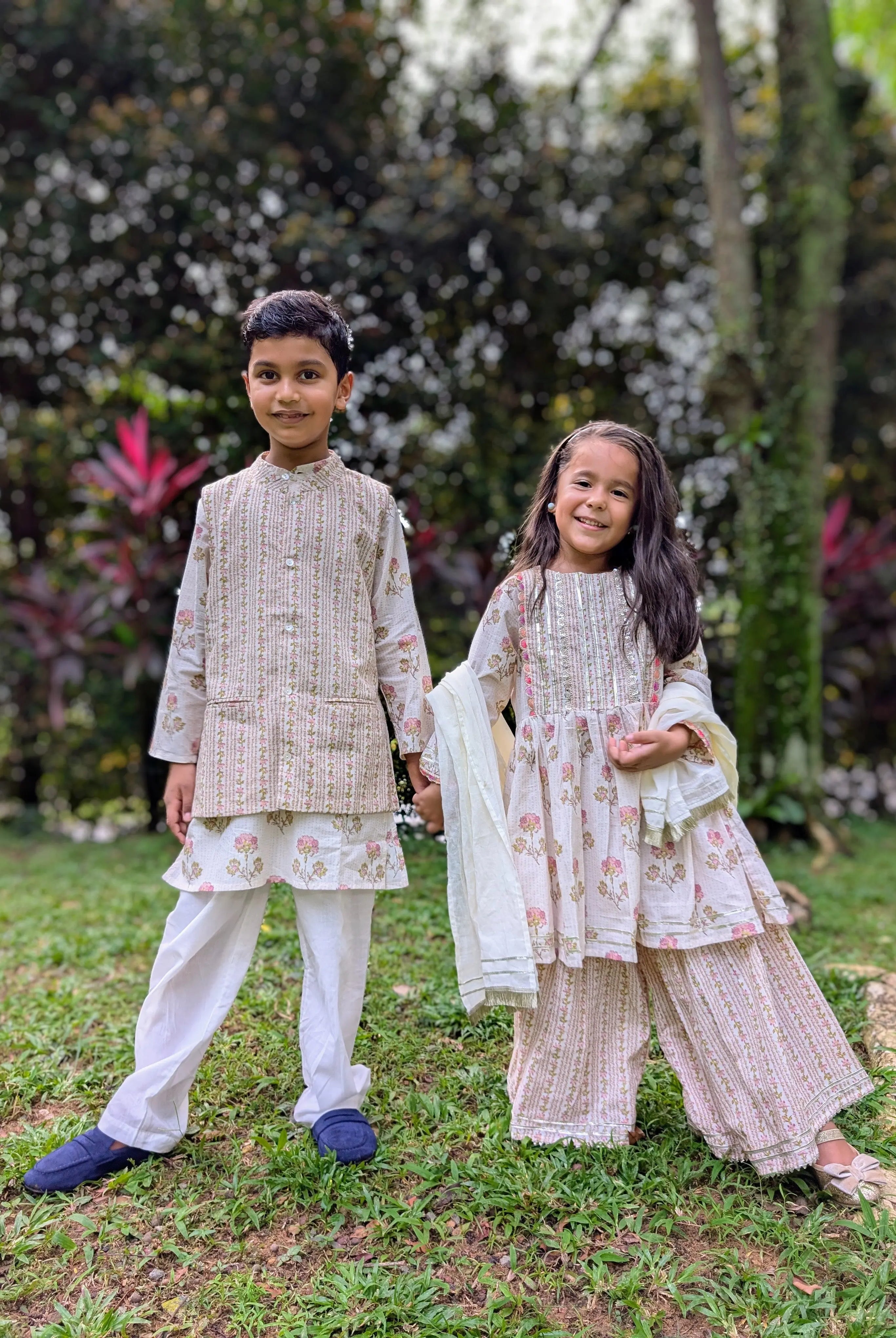 Pink Bloom Cotton Girls Kurti Sharara with matching Dupatta Nimbu