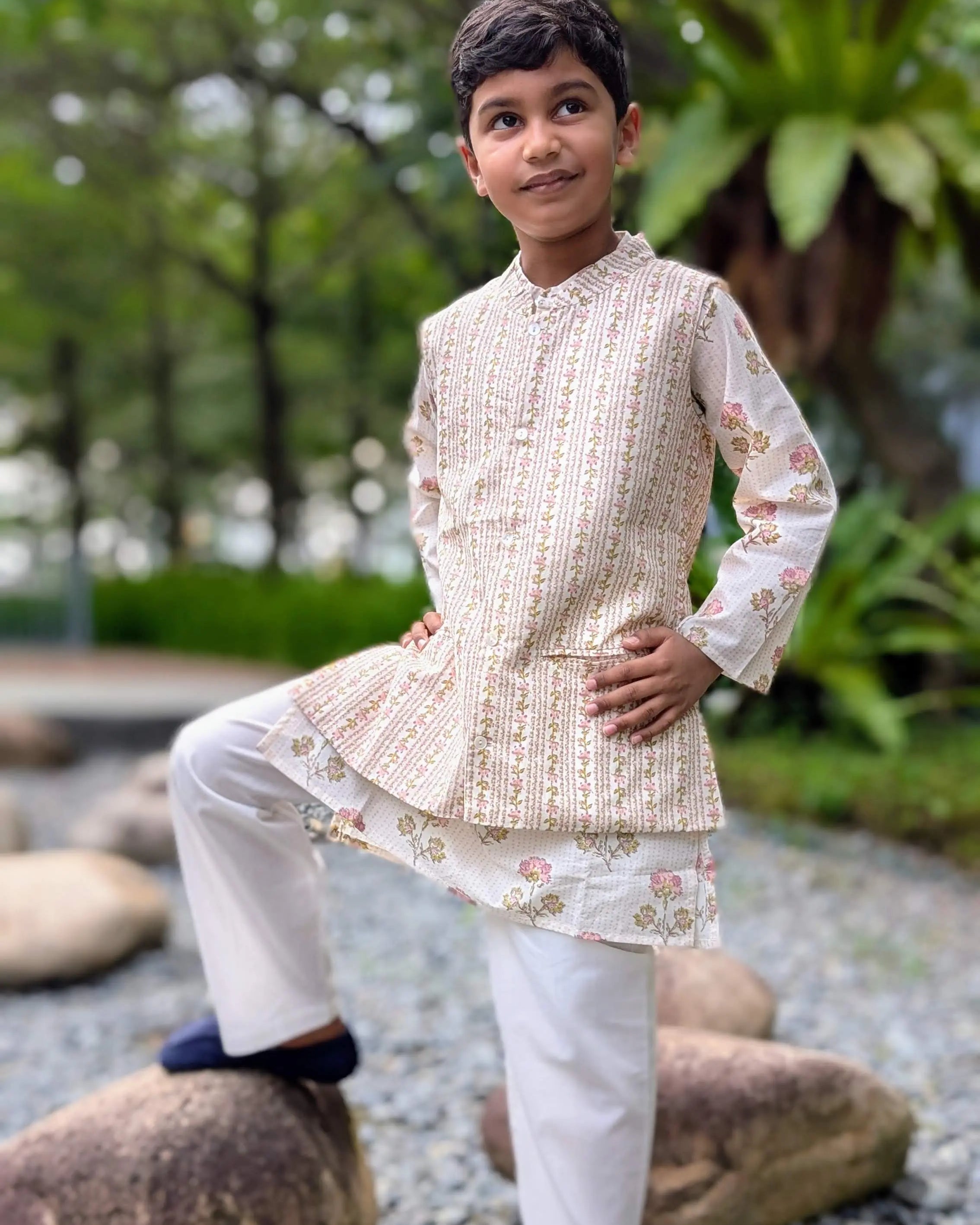 Pink Bloom Kurta Pajama Jacket Set