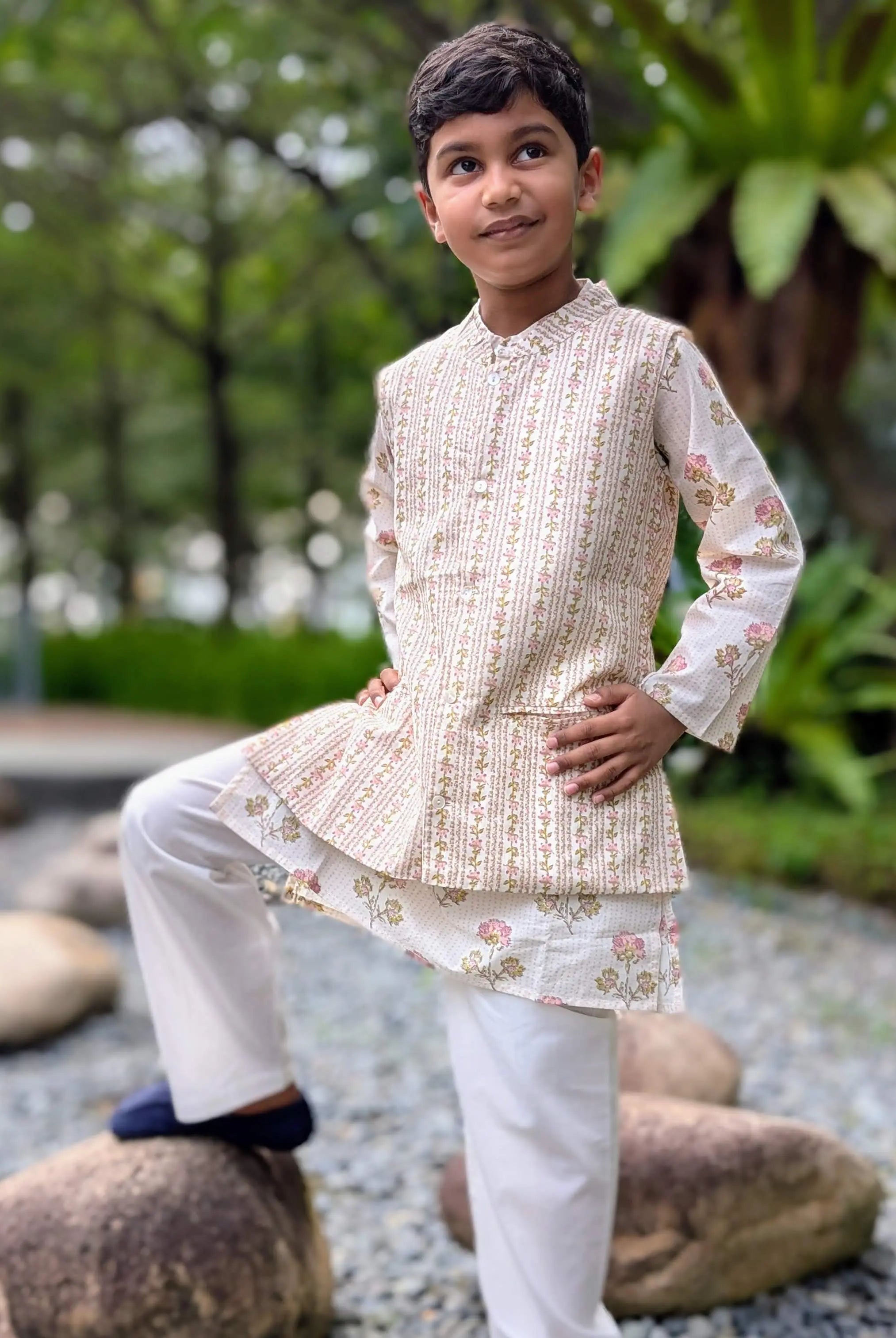 Pink Bloom Kurta Pajama Jacket Set