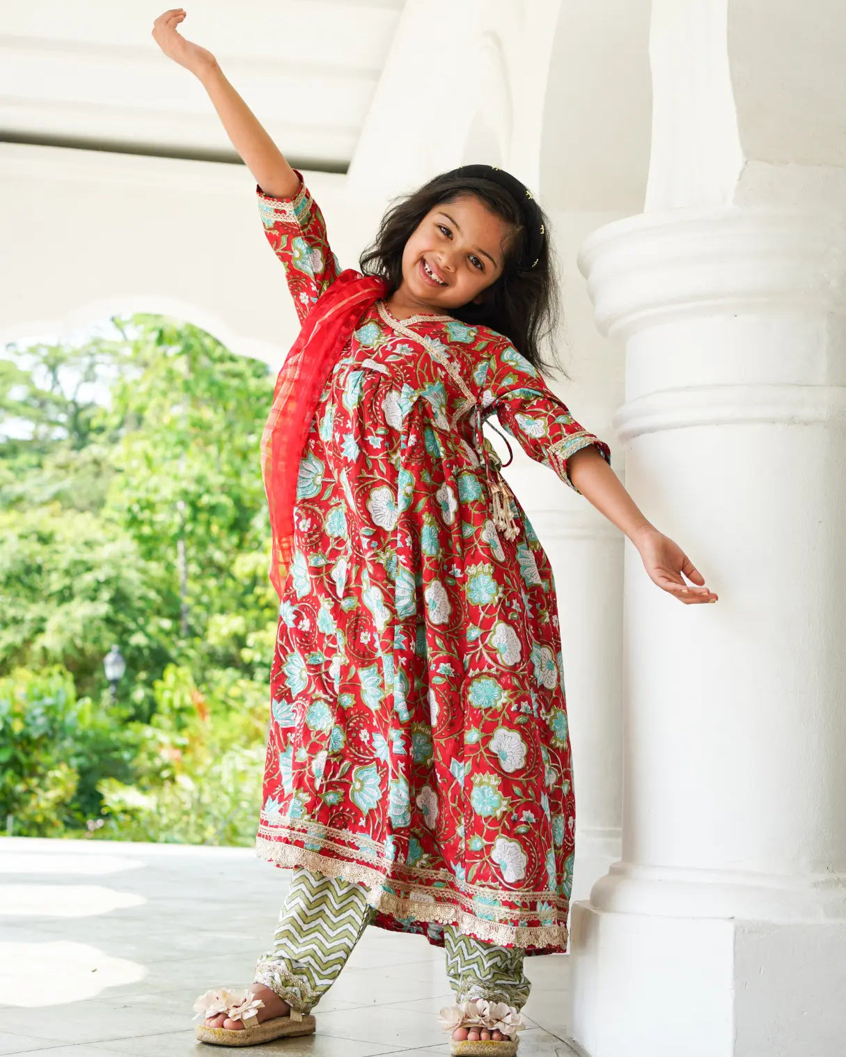 Reet Red Girls Handblock Angarkha Anarkali With Pants in Cotton Nimbu