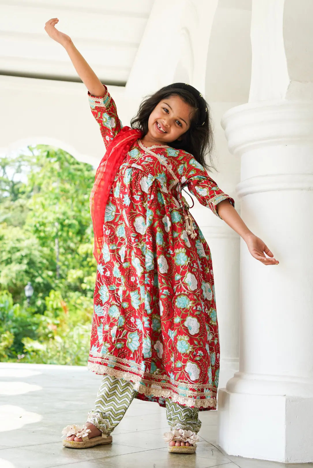 Reet Red Girls Handblock Angarkha Anarkali With Pants in Cotton Nimbu