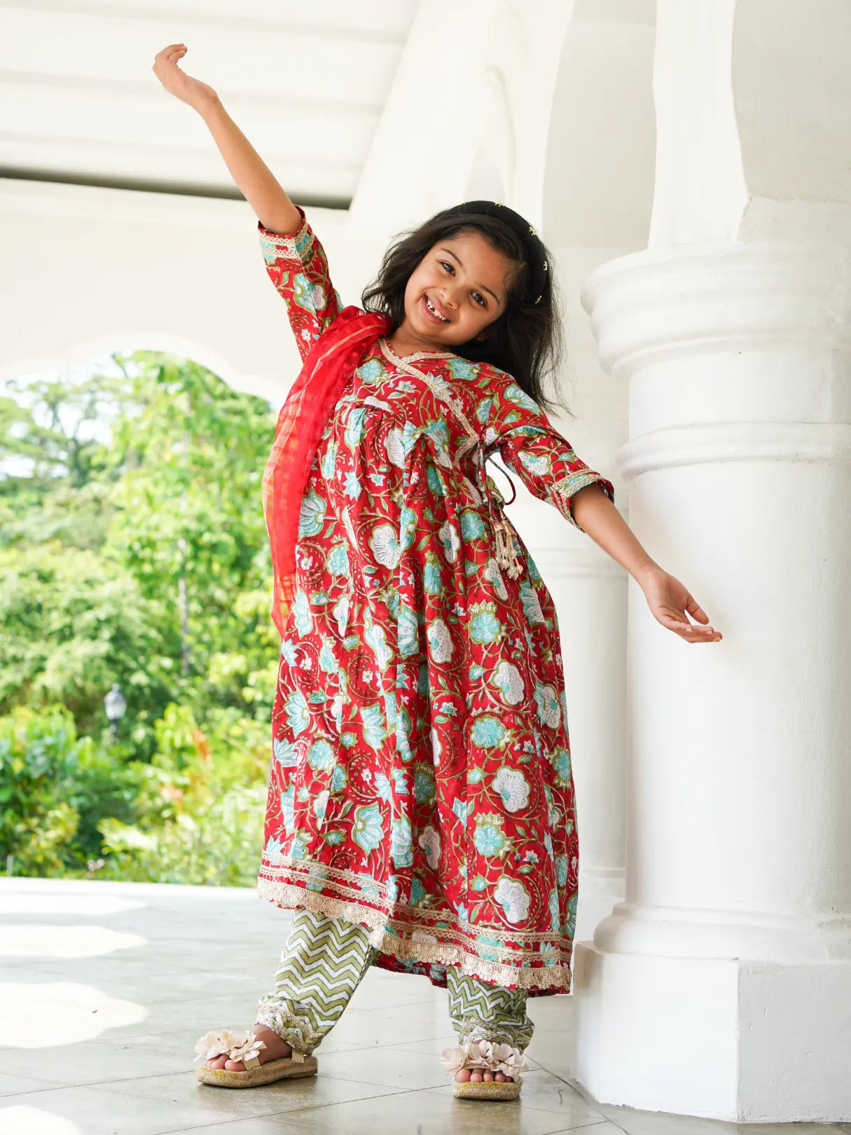 Reet Red Girls Handblock Angarkha Anarkali With Pants in Cotton Nimbu