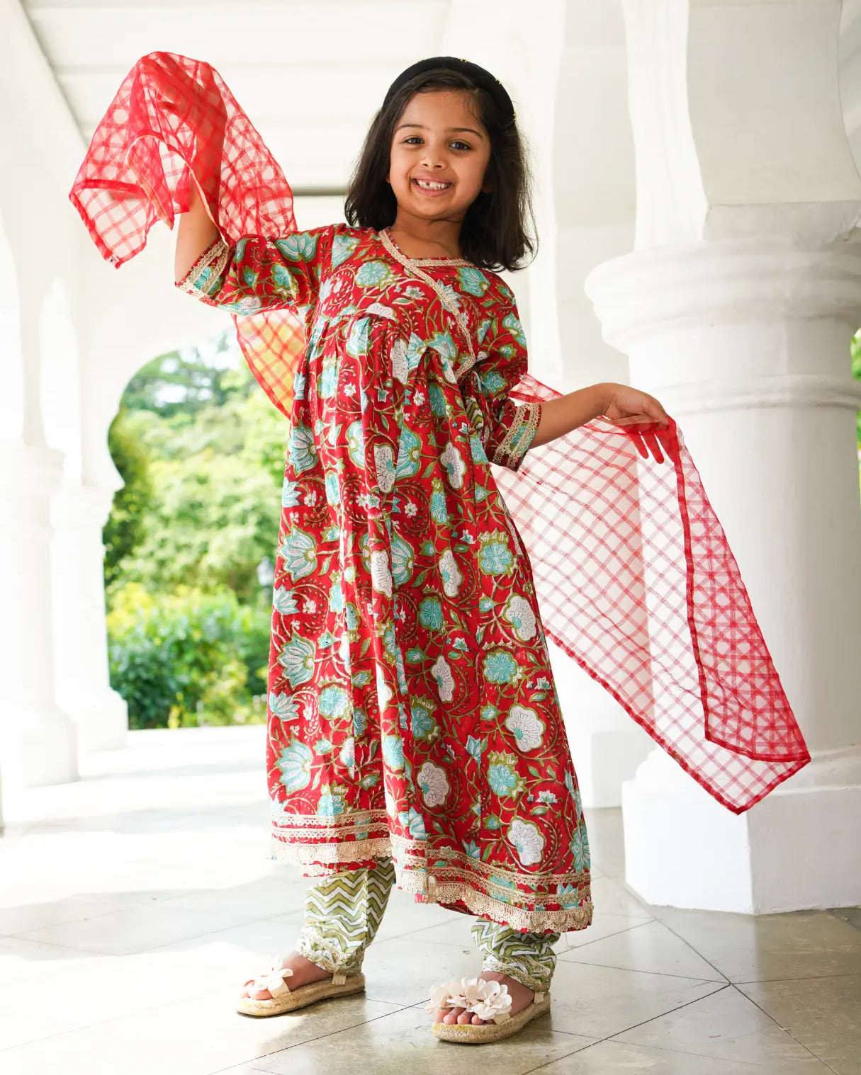 Reet Red Girls Handblock Angarkha Anarkali With Pants in Cotton Nimbu