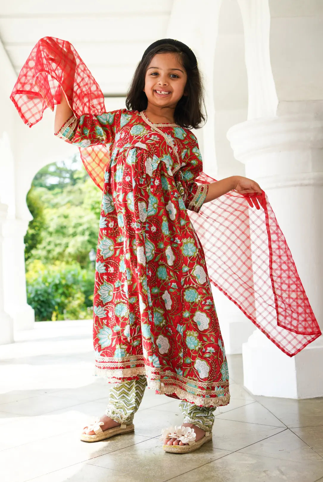 Reet Red Girls Handblock Angarkha Anarkali With Pants in Cotton Nimbu