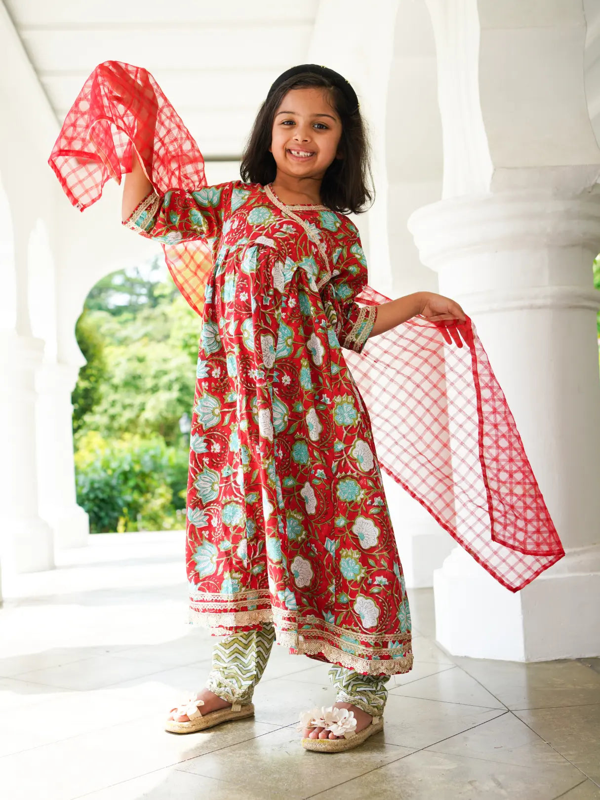 Reet Red Girls Handblock Angarkha Anarkali With Pants in Cotton Nimbu