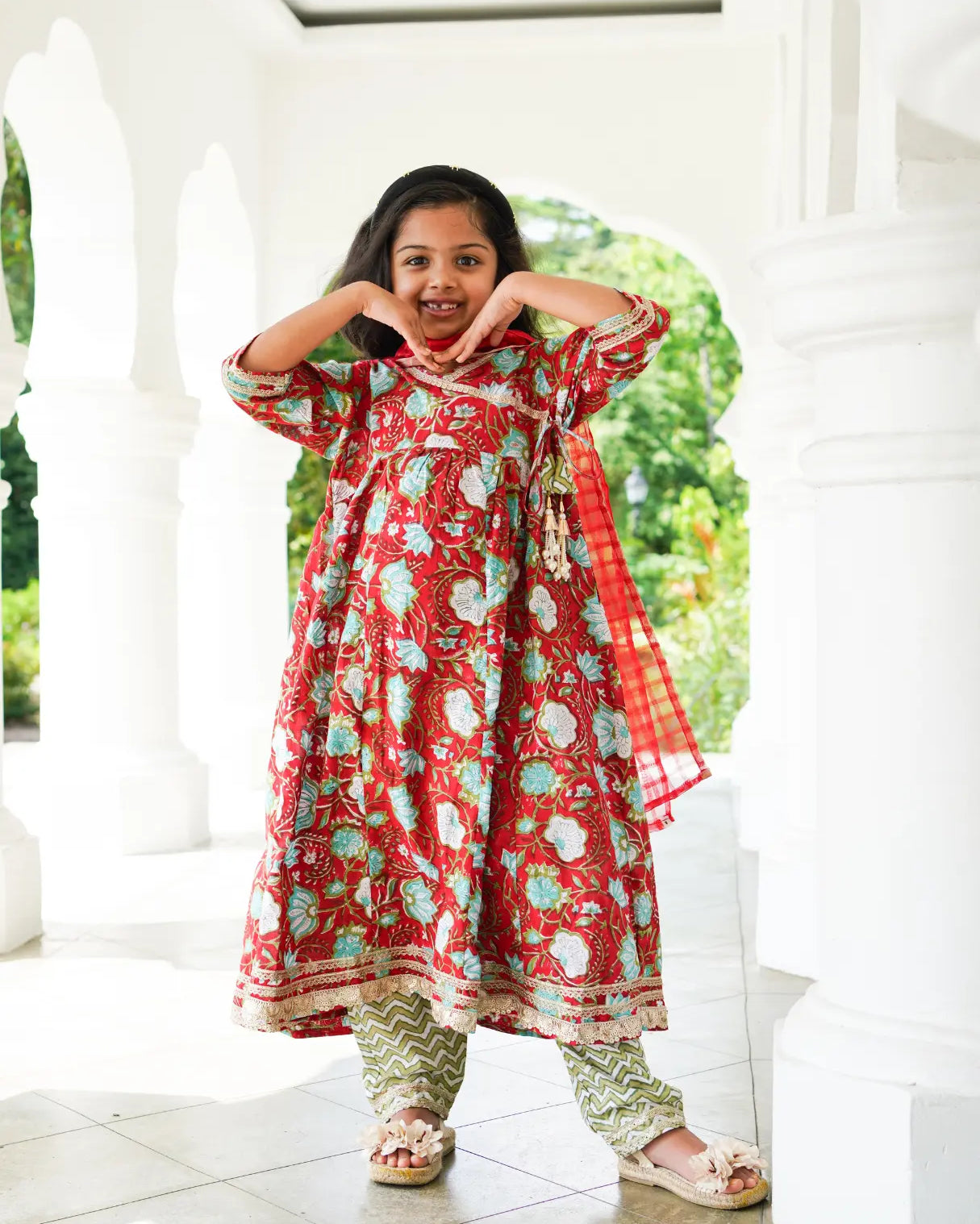 Reet Red Girls Handblock Angarkha Anarkali With Pants in Cotton Nimbu