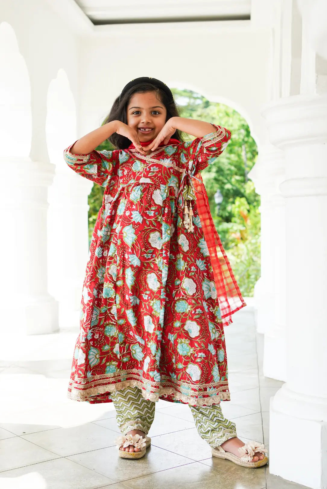 Reet Red Girls Handblock Angarkha Anarkali With Pants in Cotton Nimbu