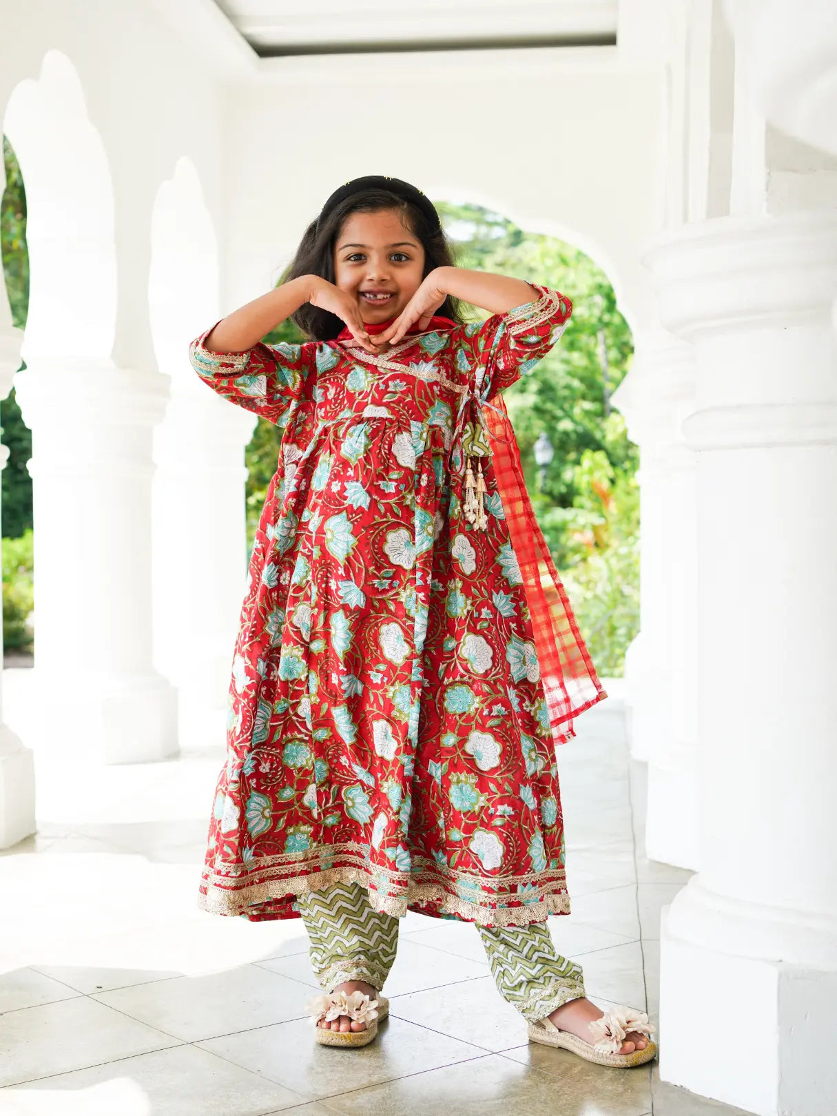 Reet Red Girls Handblock Angarkha Anarkali With Pants in Cotton Nimbu