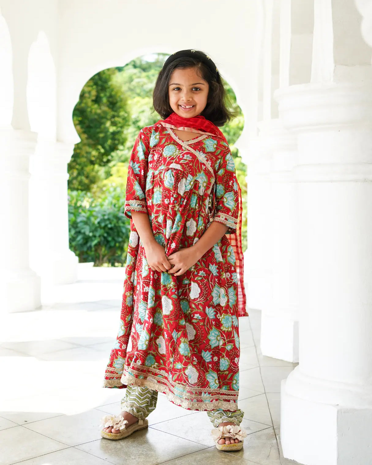 Reet Red Girls Handblock Angarkha Anarkali With Pants in Cotton Nimbu
