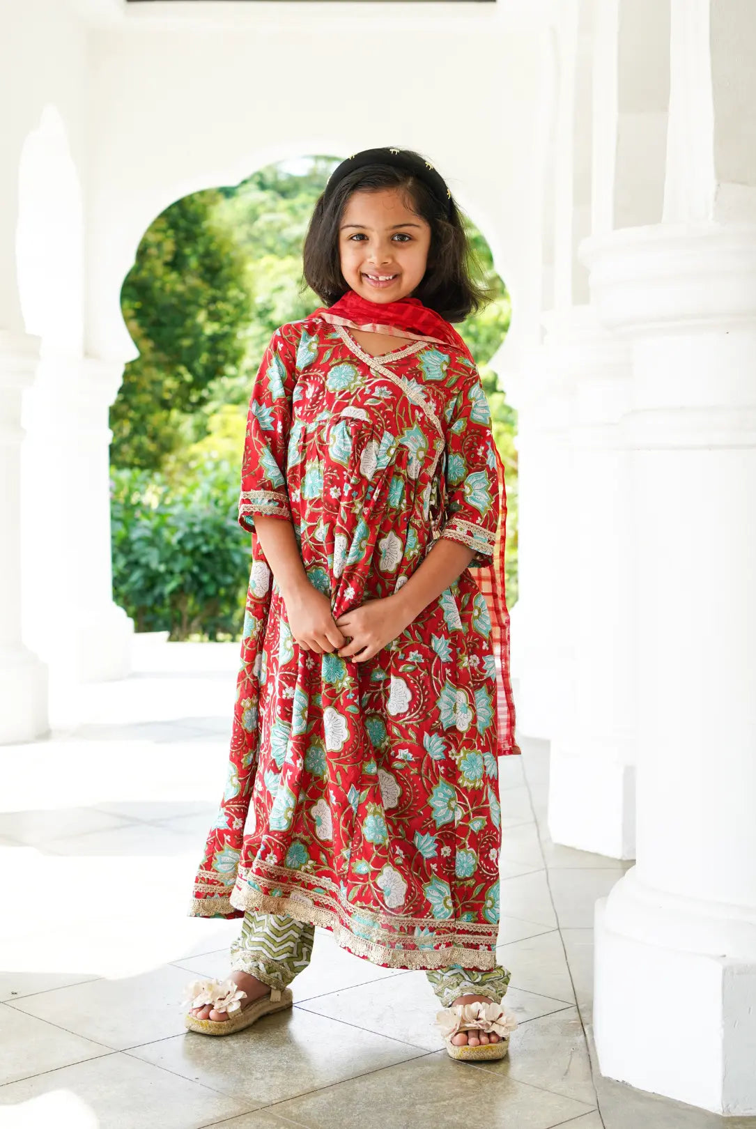 Reet Red Girls Handblock Angarkha Anarkali With Pants in Cotton Nimbu