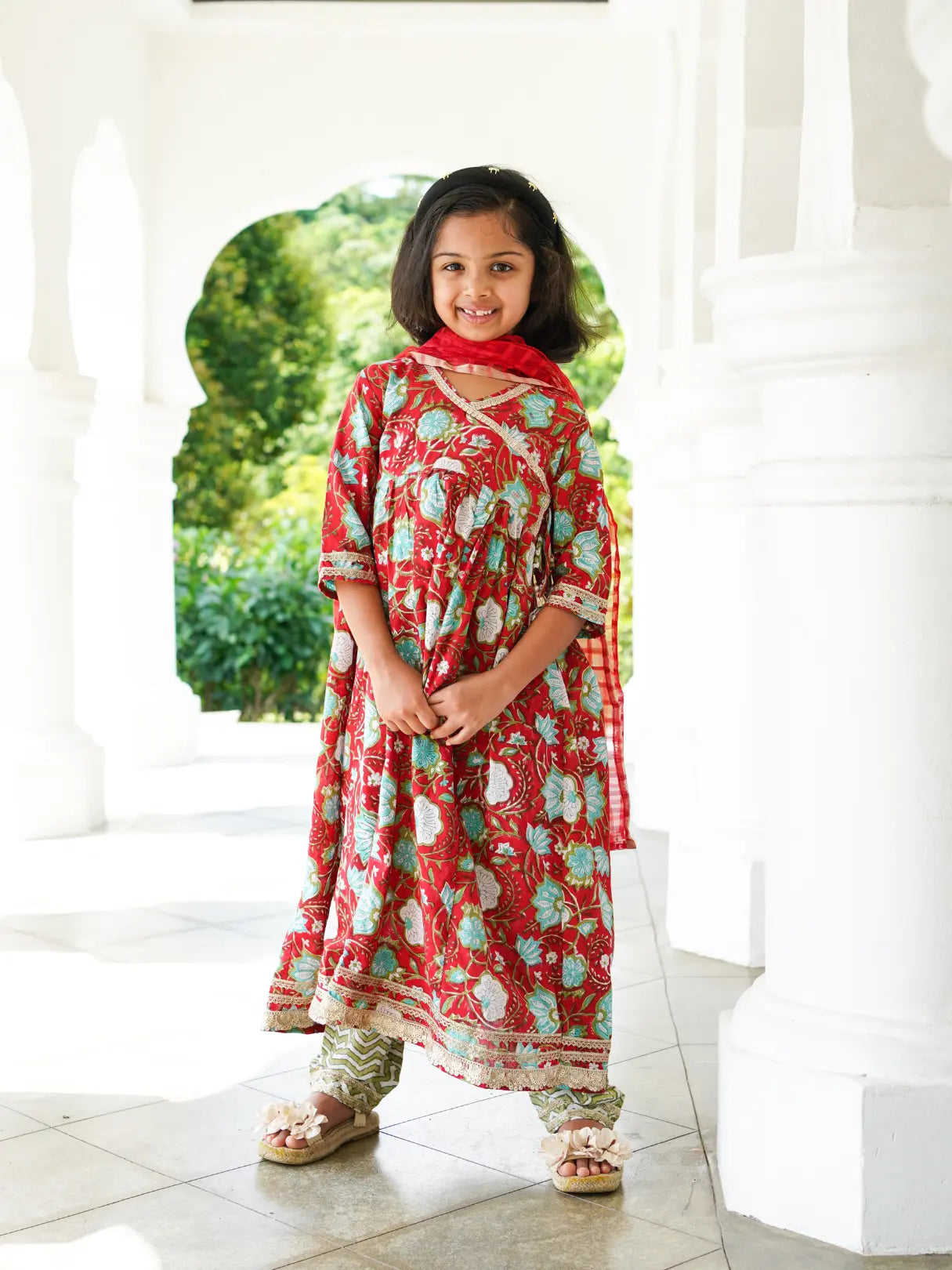 Reet Red Girls Handblock Angarkha Anarkali With Pants in Cotton Nimbu