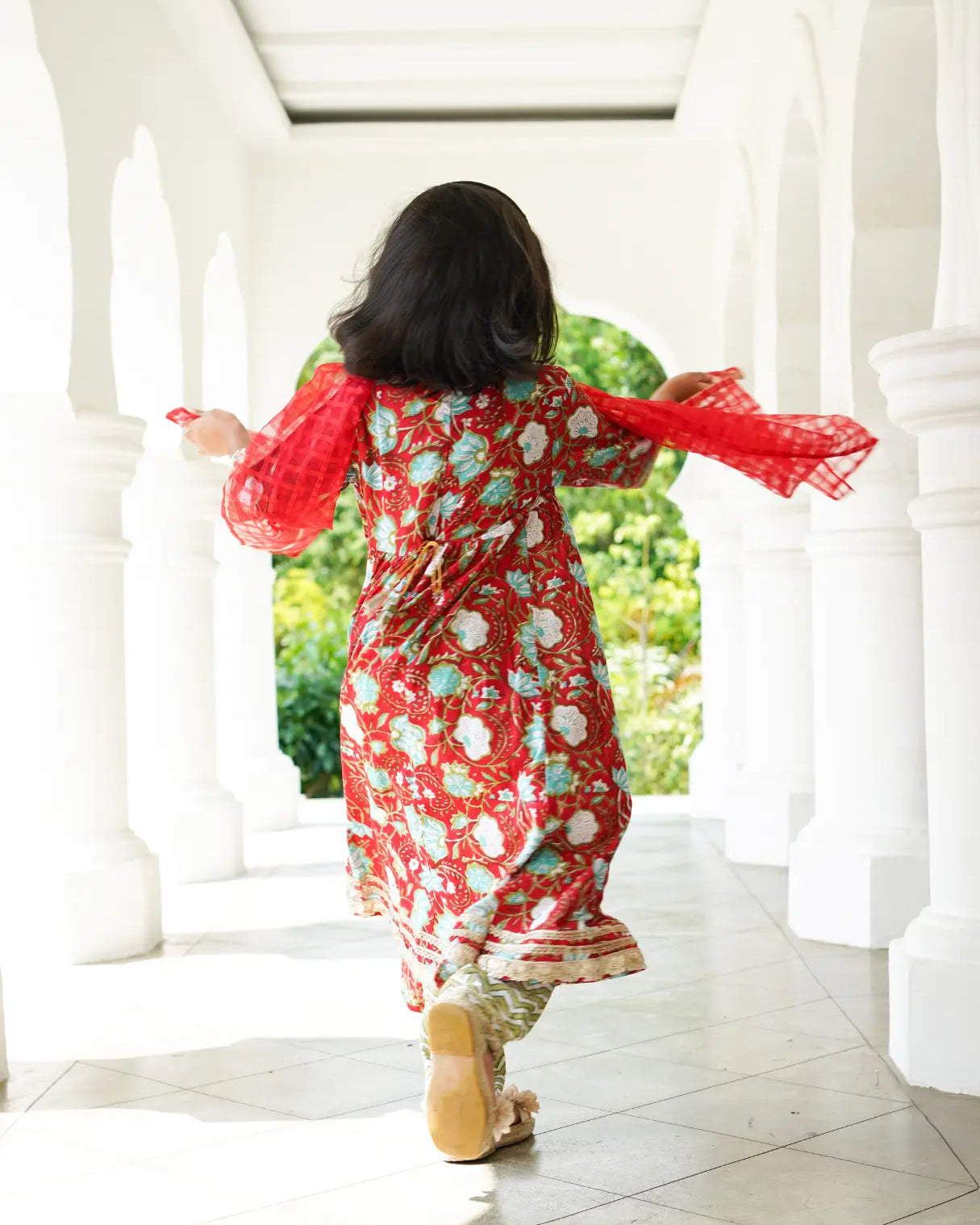 Reet Red Girls Handblock Angarkha Anarkali With Pants in Cotton Nimbu