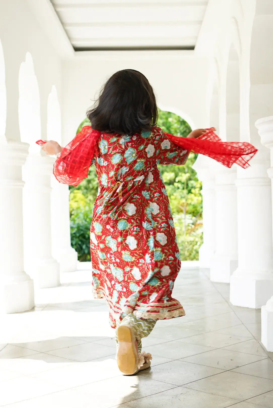 Reet Red Girls Handblock Angarkha Anarkali With Pants in Cotton Nimbu