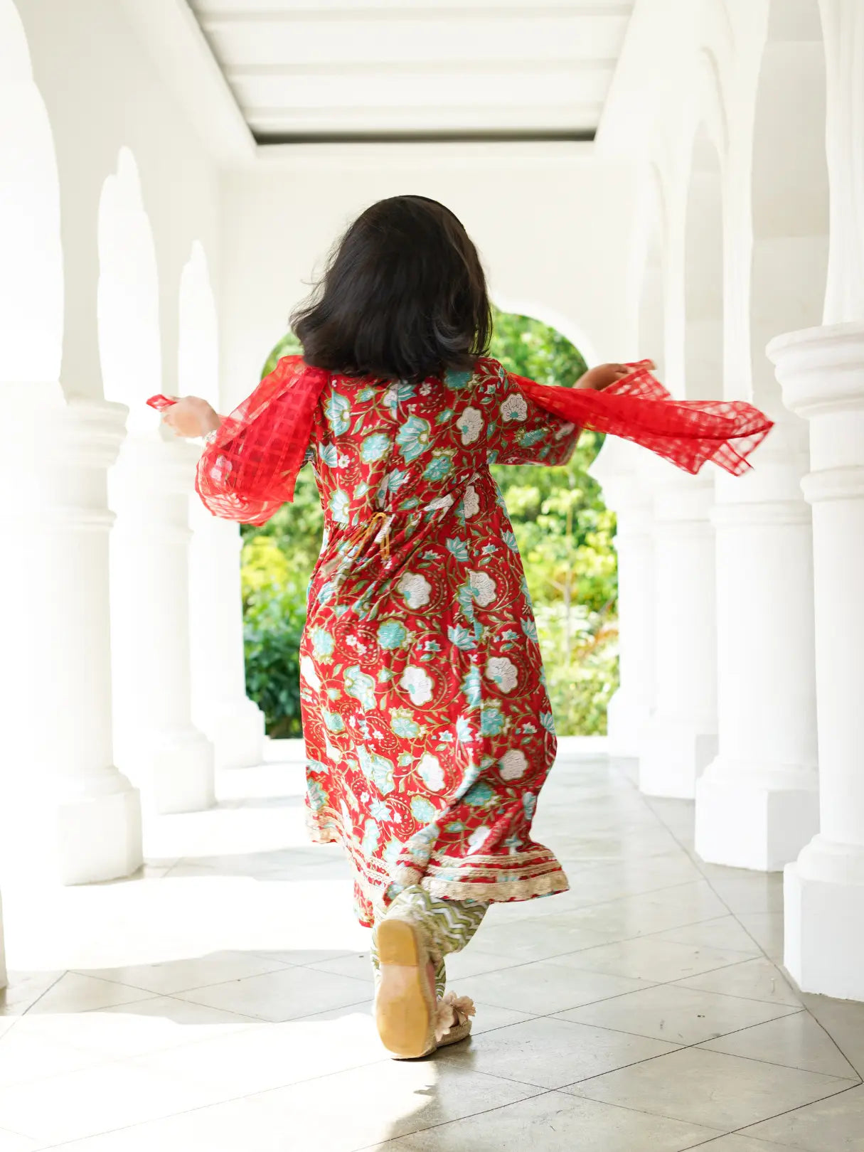 Reet Red Girls Handblock Angarkha Anarkali With Pants in Cotton Nimbu