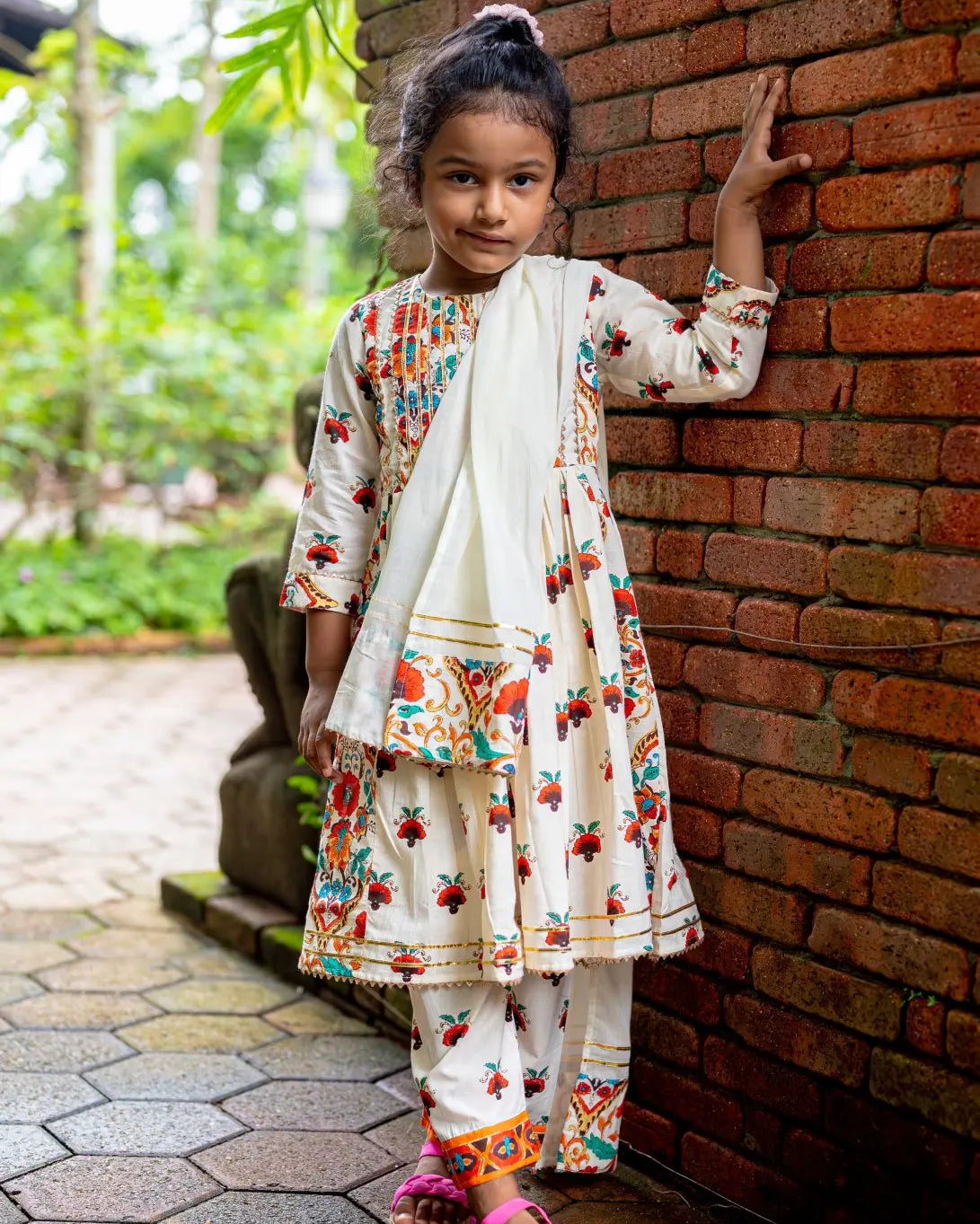 Rosa Girls Anarkali with Dupatta Set in Off White Nimbu