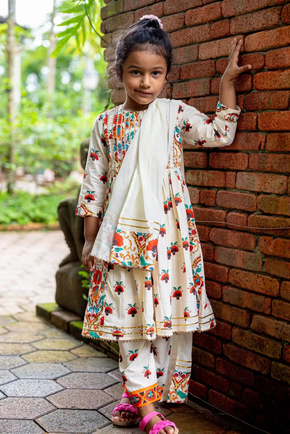 Rosa Girls Anarkali with Dupatta Set in Off White Nimbu