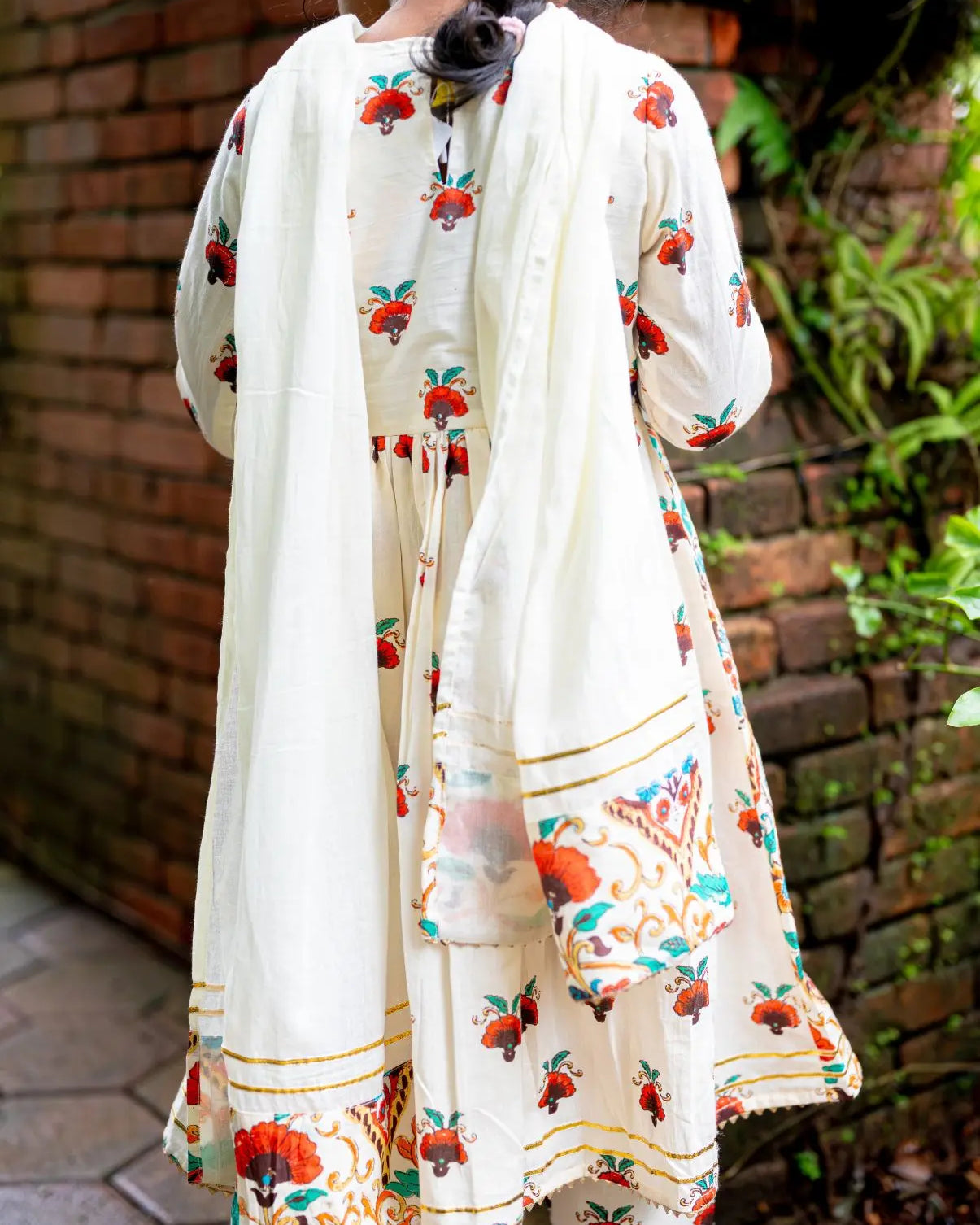 Rosa Girls Anarkali with Dupatta Set in Off White Nimbu