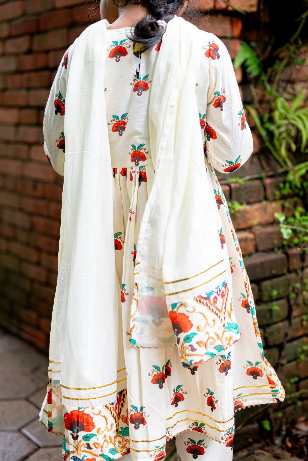 Rosa Girls Anarkali with Dupatta Set in Off White Nimbu