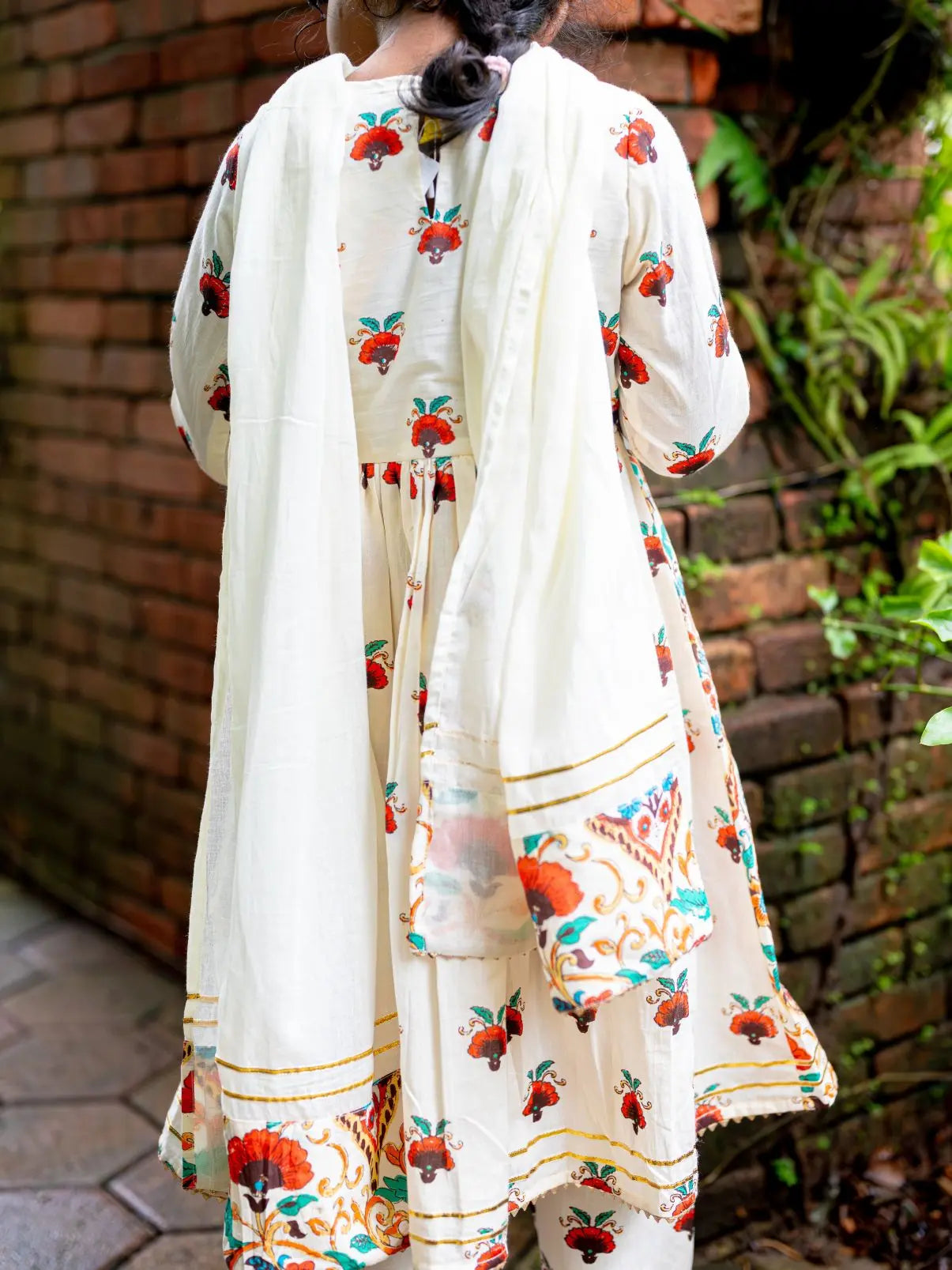 Rosa Girls Anarkali with Dupatta Set in Off White Nimbu