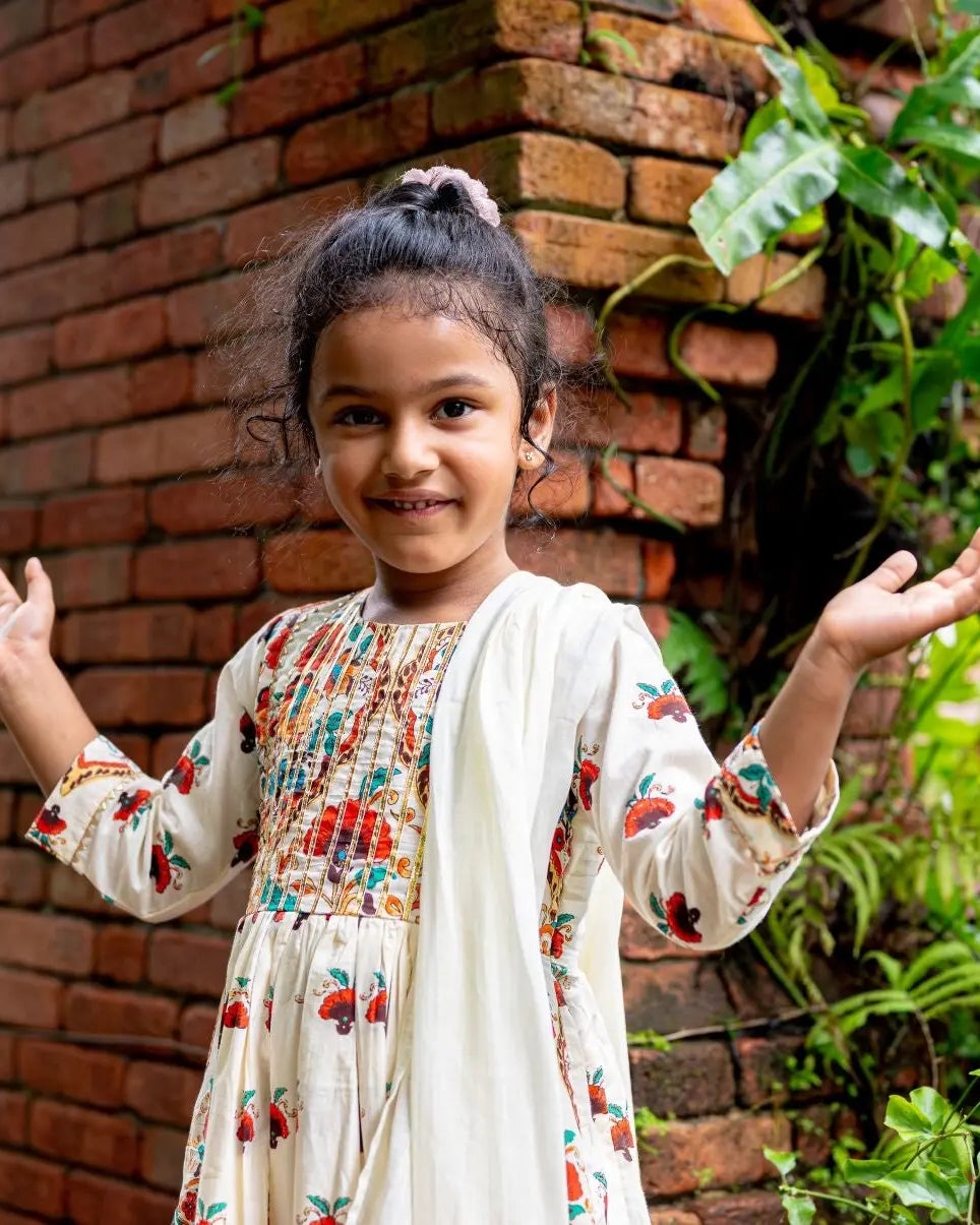 Rosa Girls Anarkali with Dupatta Set in Off White Nimbu