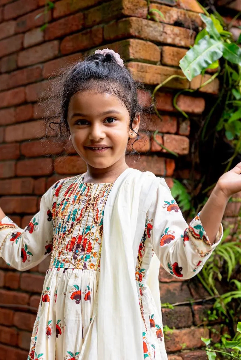 Rosa Girls Anarkali with Dupatta Set in Off White Nimbu