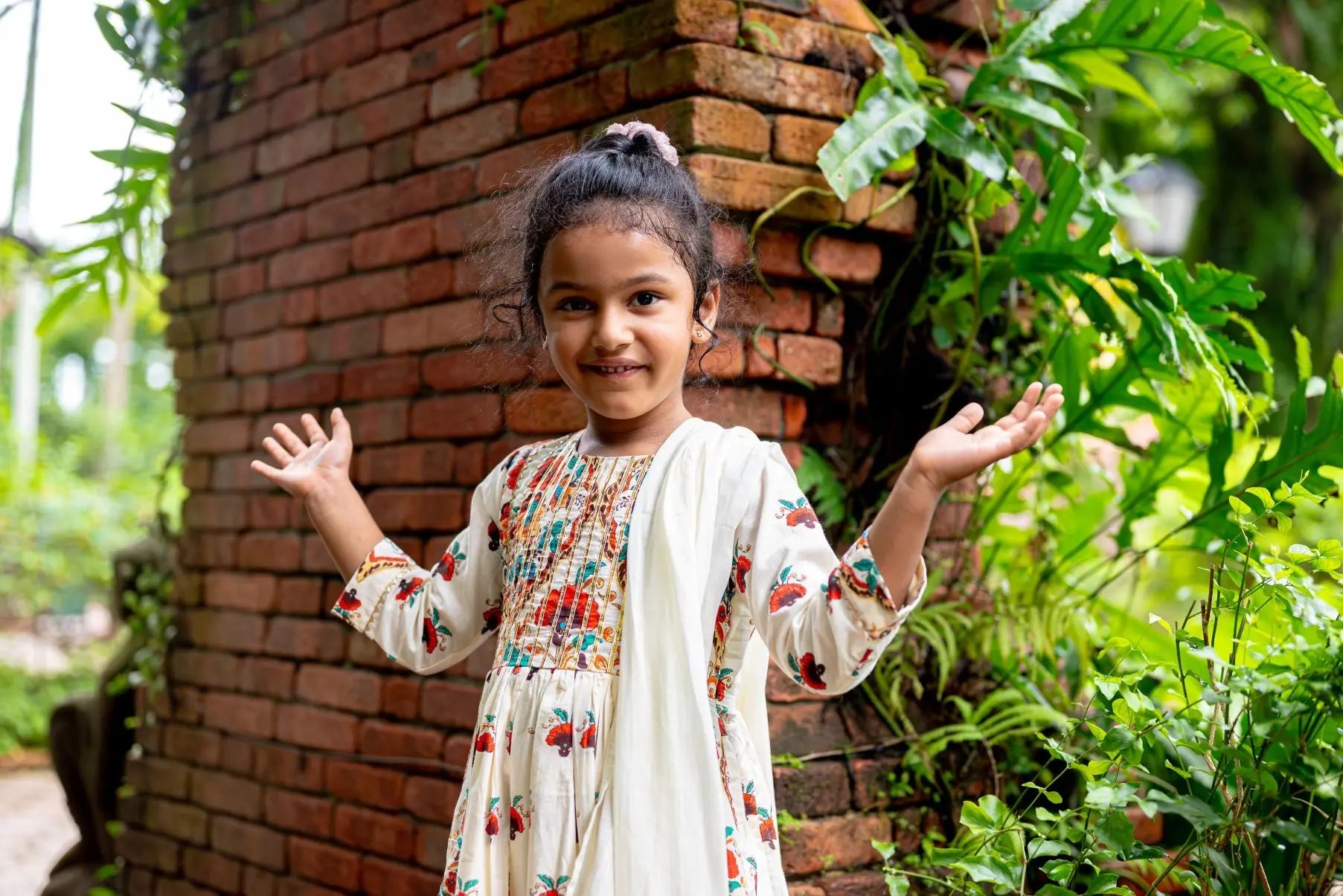 Rosa Girls Anarkali with Dupatta Set in Off White Nimbu