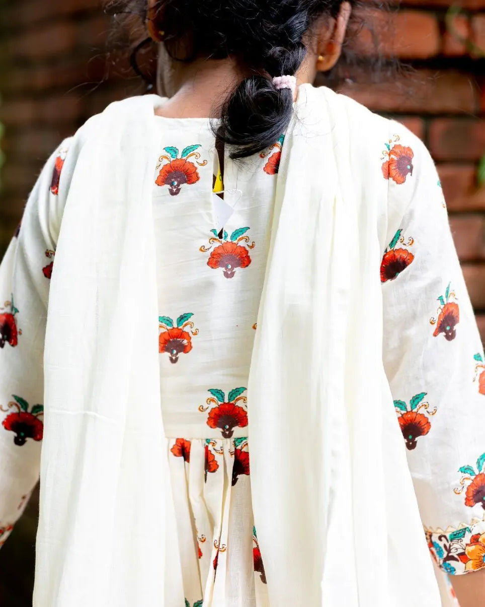Rosa Girls Anarkali with Dupatta Set in Off White Nimbu