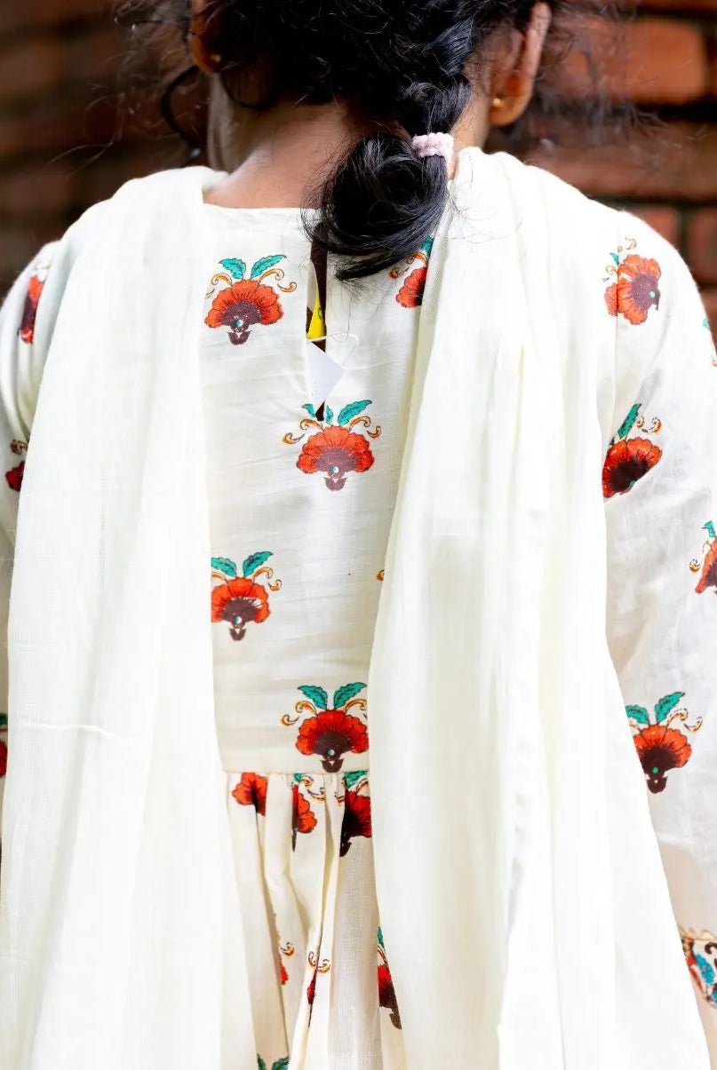 Rosa Girls Anarkali with Dupatta Set in Off White Nimbu