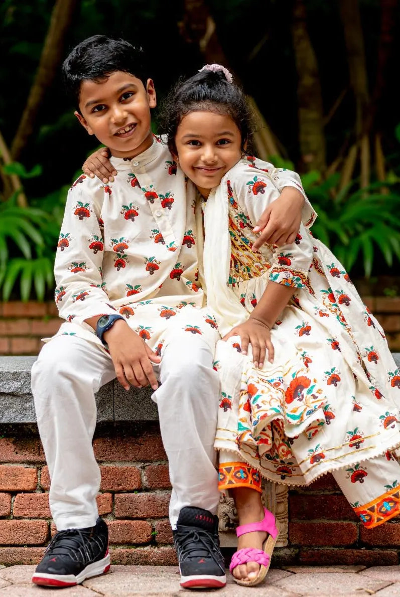 Rosa Boys Cotton Kurta Pajama Set in Off White Nimbu