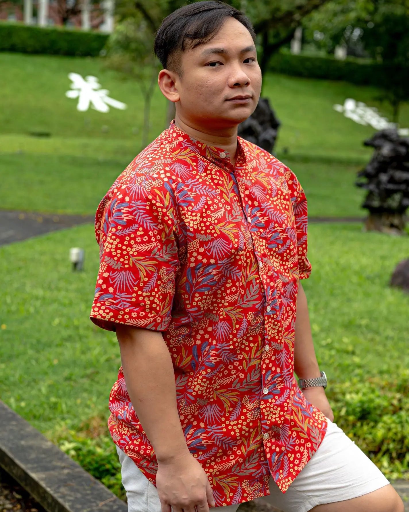 Ruby Blossom Adults Unisex Cotton Shirt in Red Floral Nimbu