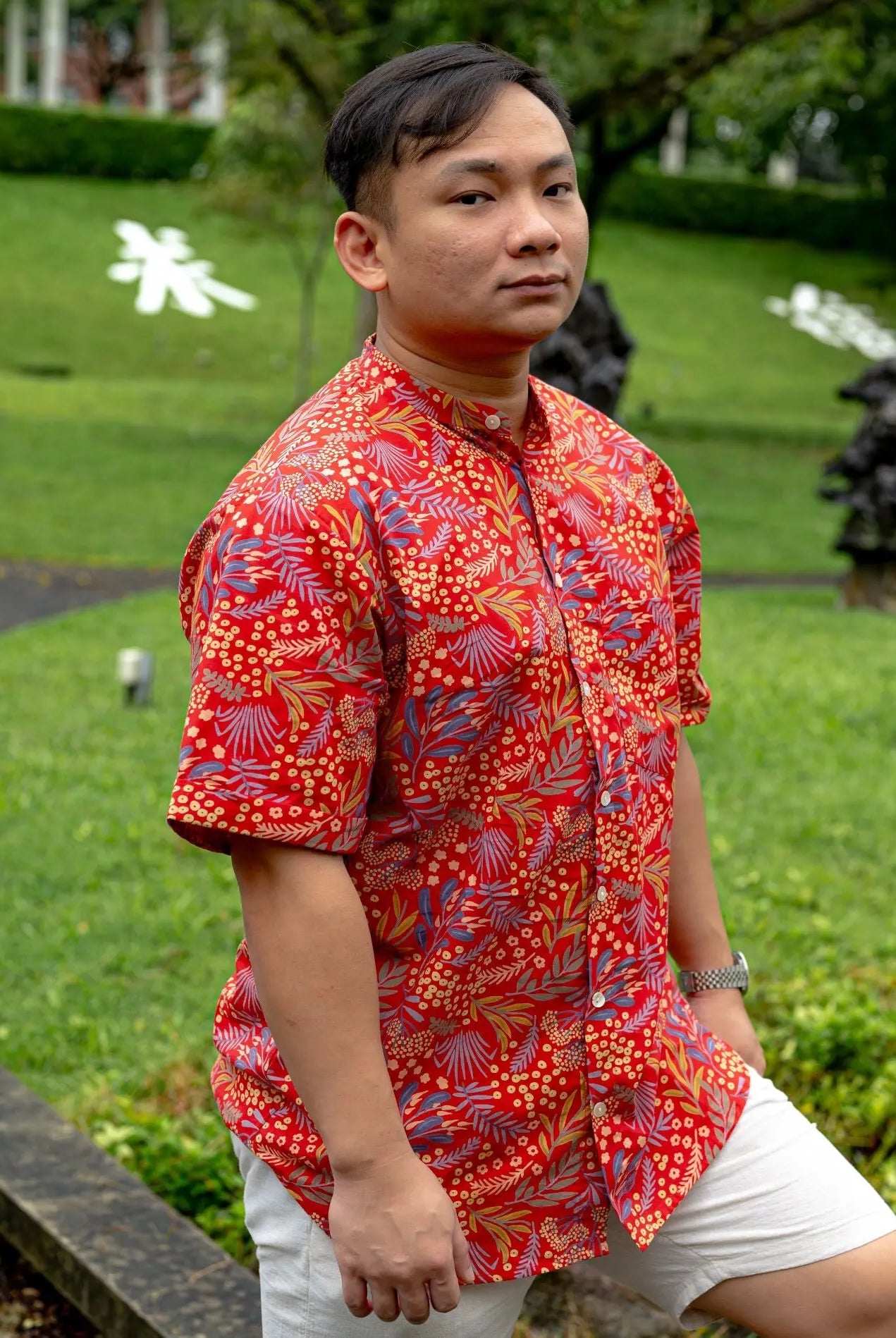 Ruby Blossom Adults Unisex Cotton Shirt in Red Floral Nimbu