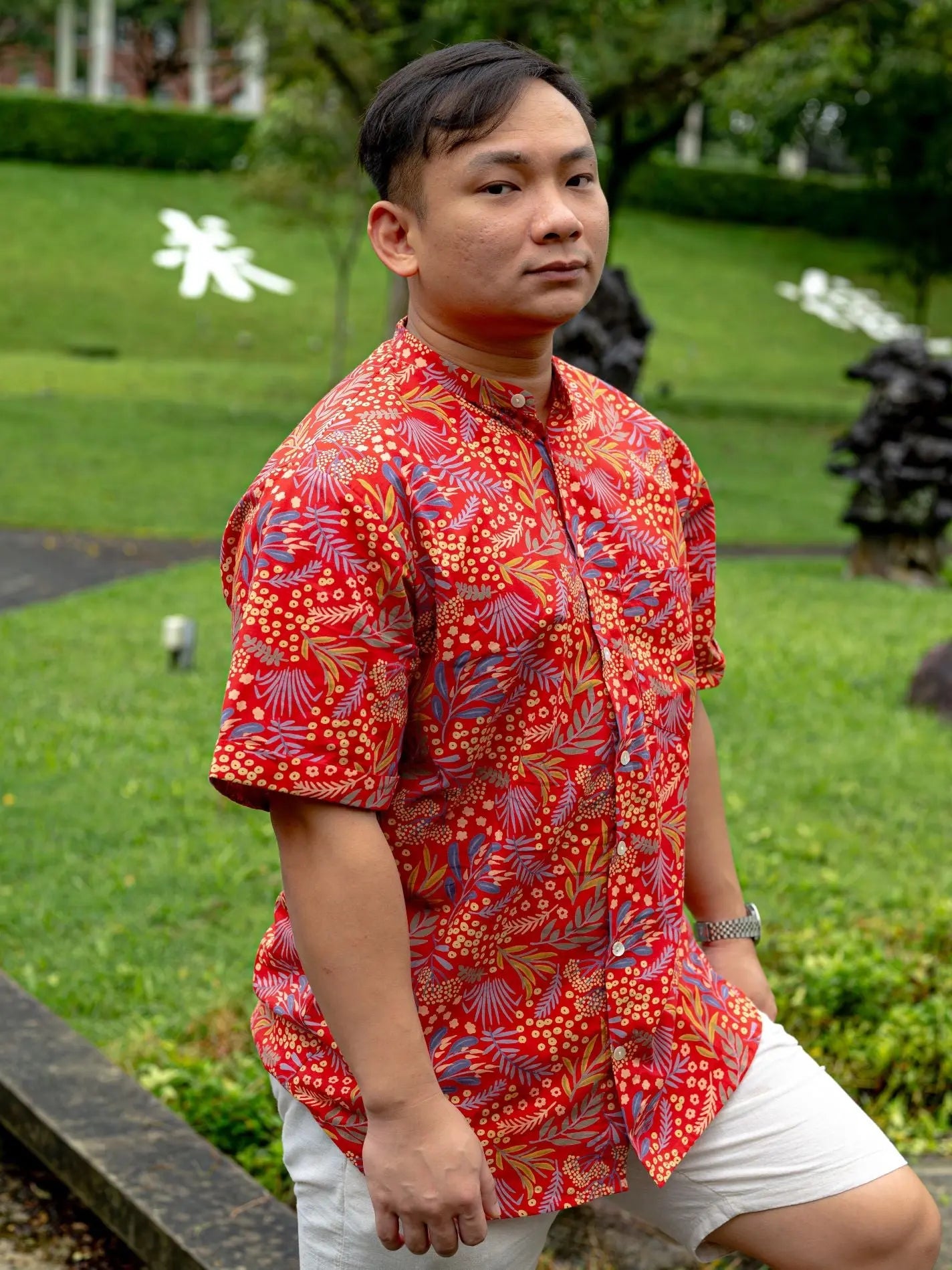 Ruby Blossom Adults Unisex Cotton Shirt in Red Floral Nimbu