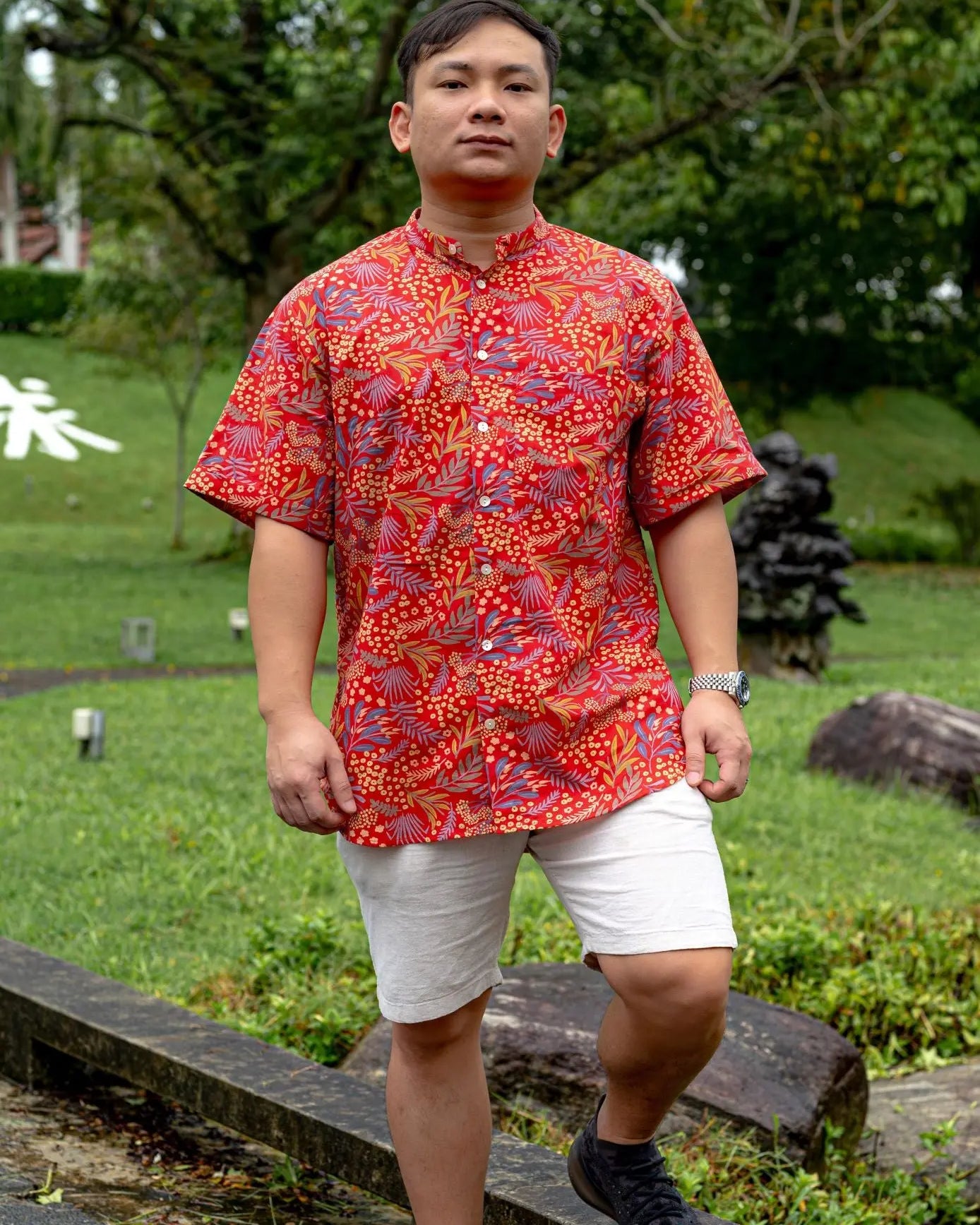 Ruby Blossom Adults Unisex Cotton Shirt in Red Floral Nimbu