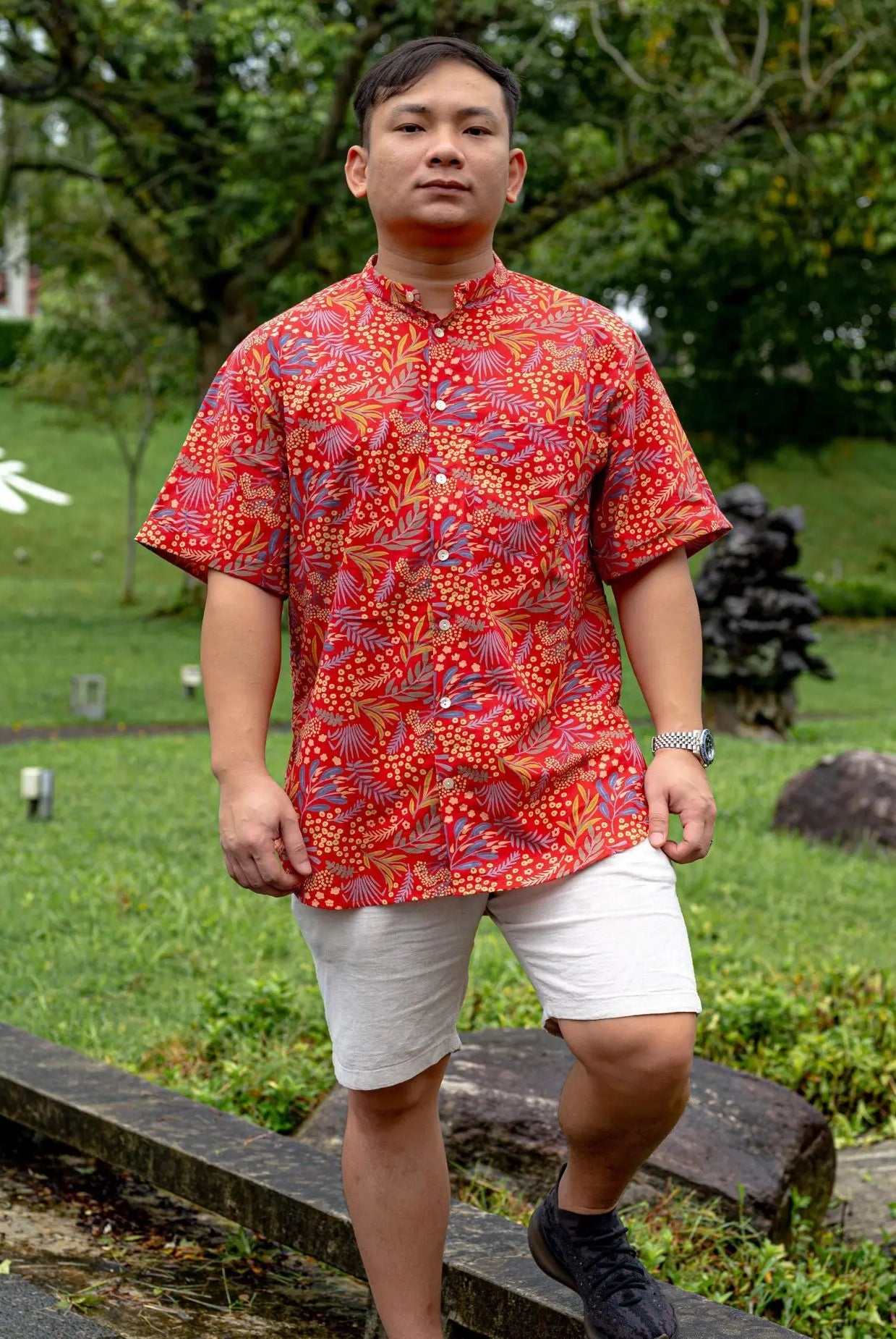 Ruby Blossom Adults Unisex Cotton Shirt in Red Floral Nimbu