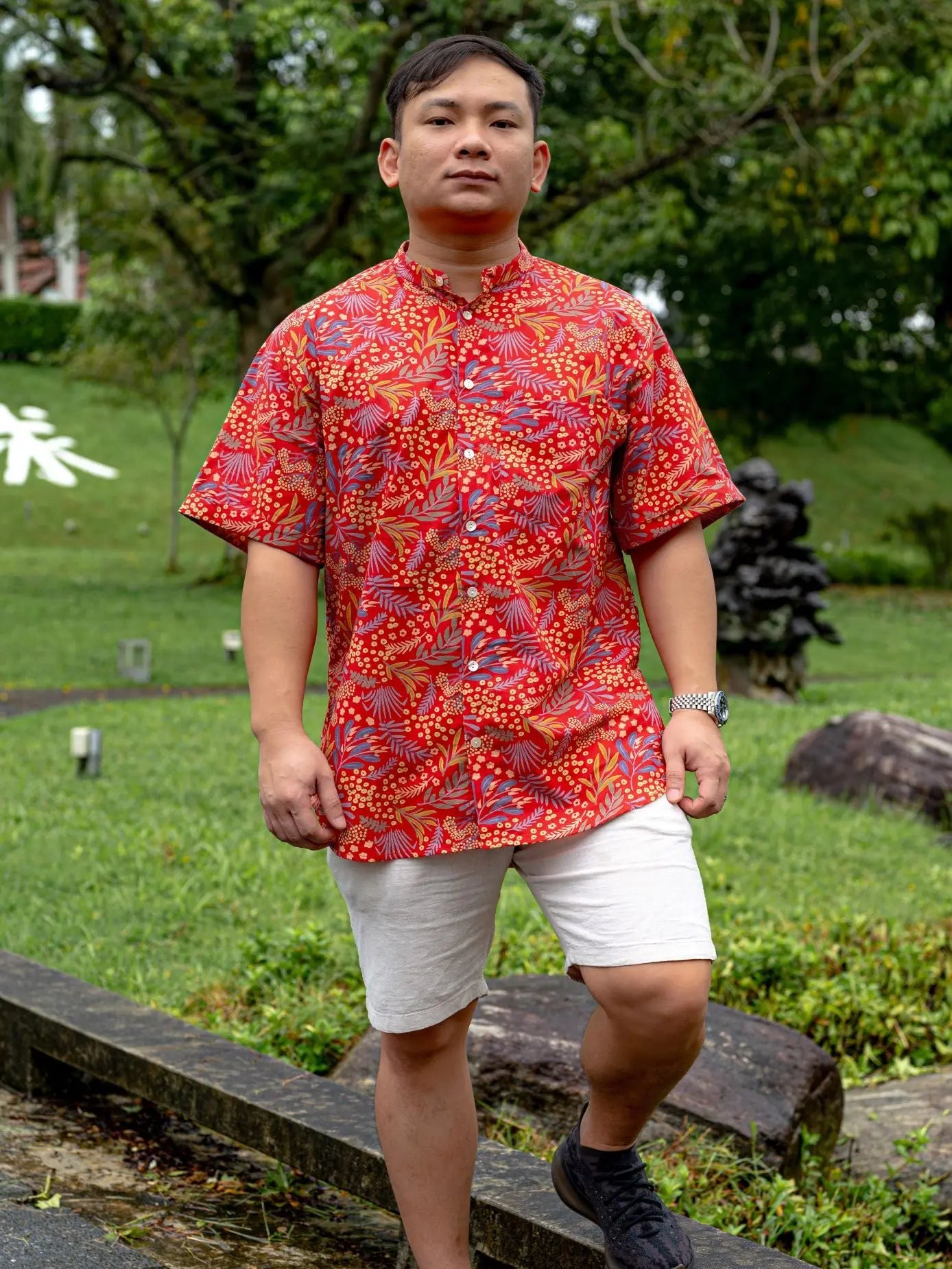 Ruby Blossom Adults Unisex Cotton Shirt in Red Floral Nimbu