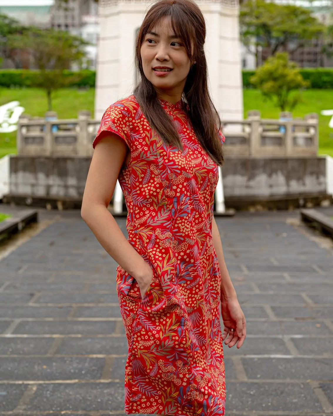 Ruby Blossom Women's Cheongsam Dress with Pockets in Red Floral Nimbu