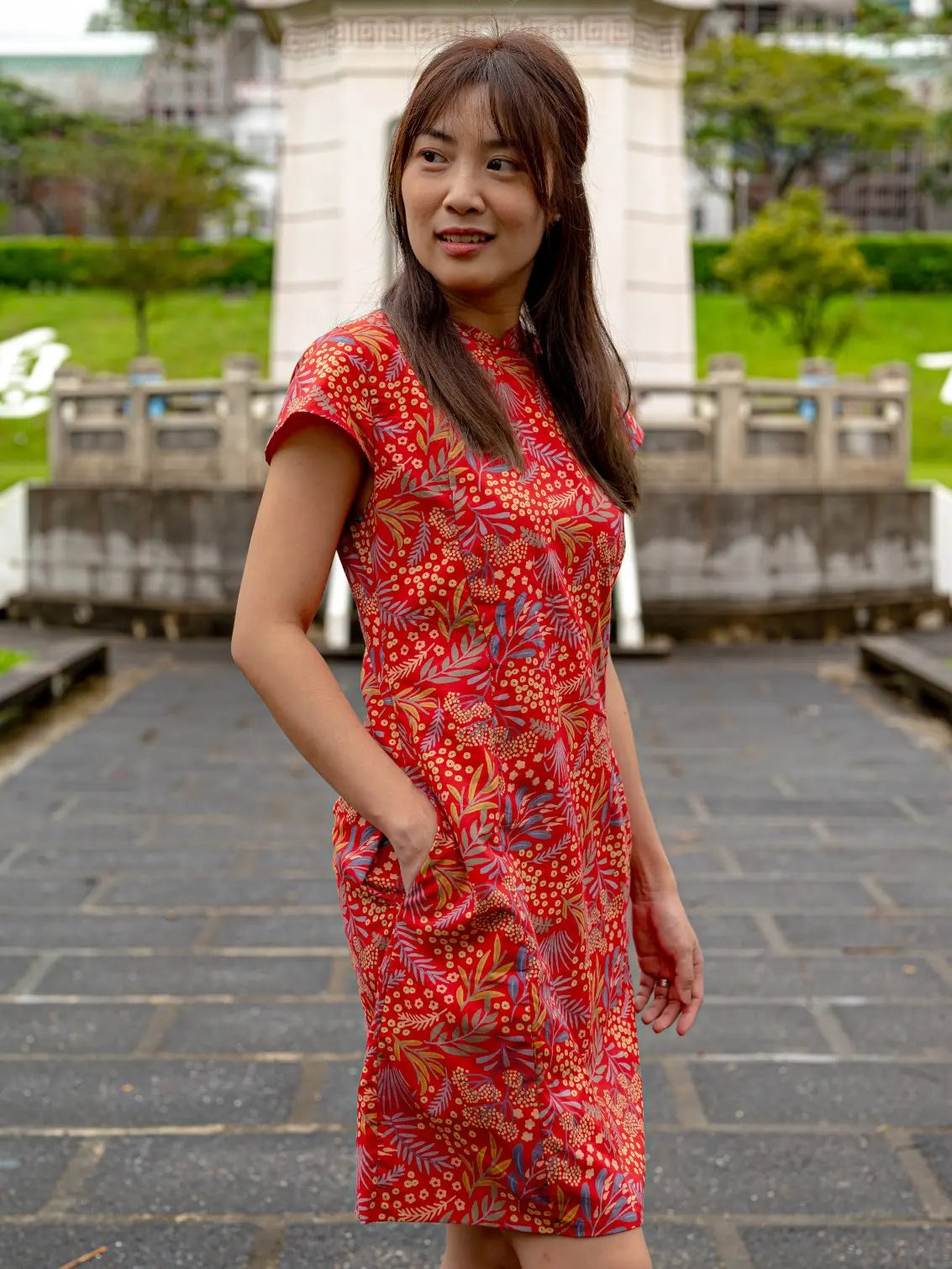 Ruby Blossom Women's Cheongsam Dress with Pockets in Red Floral Nimbu