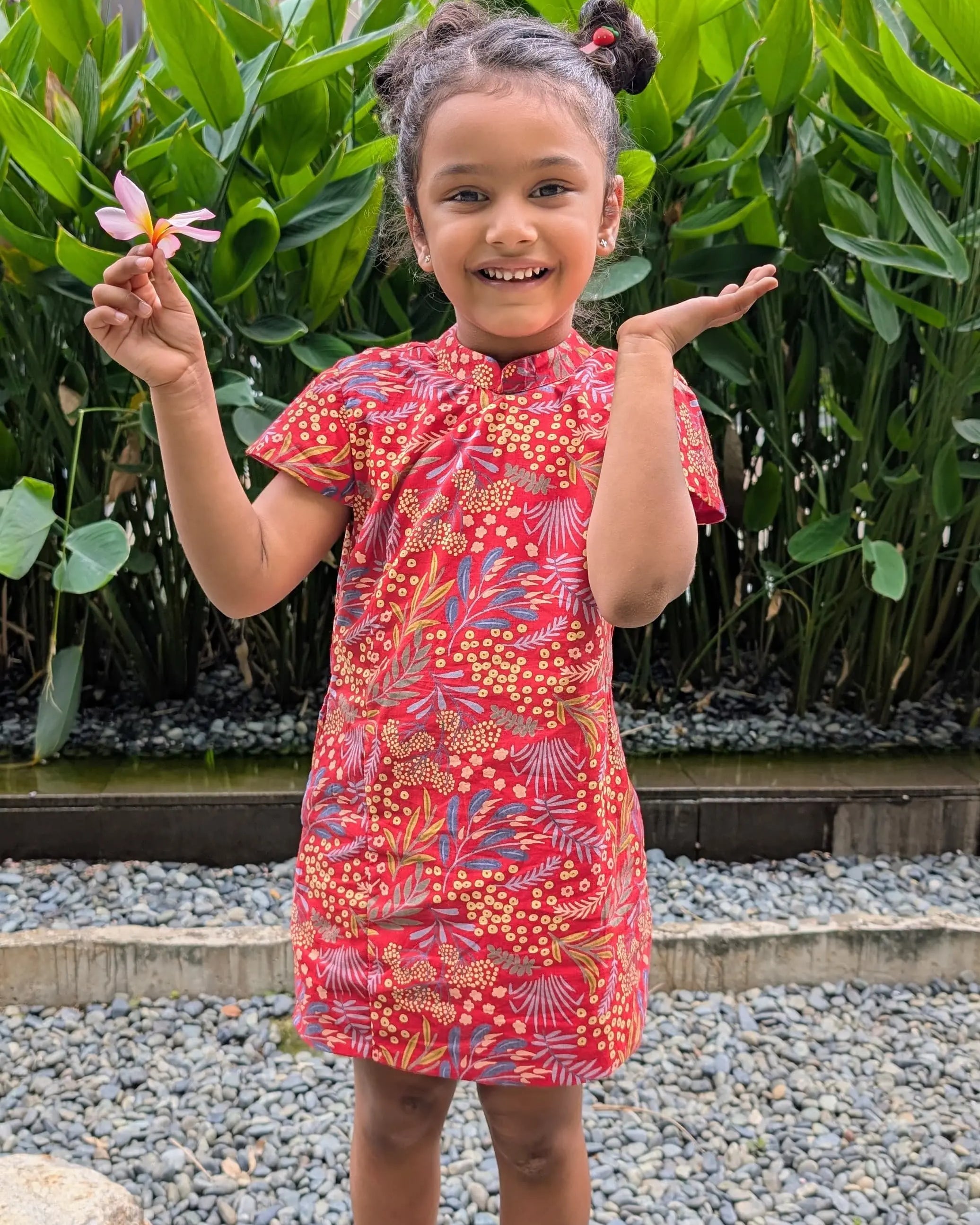 Ruby Blossom Girls Cotton Cheongsam Dress in Red Floral Nimbu