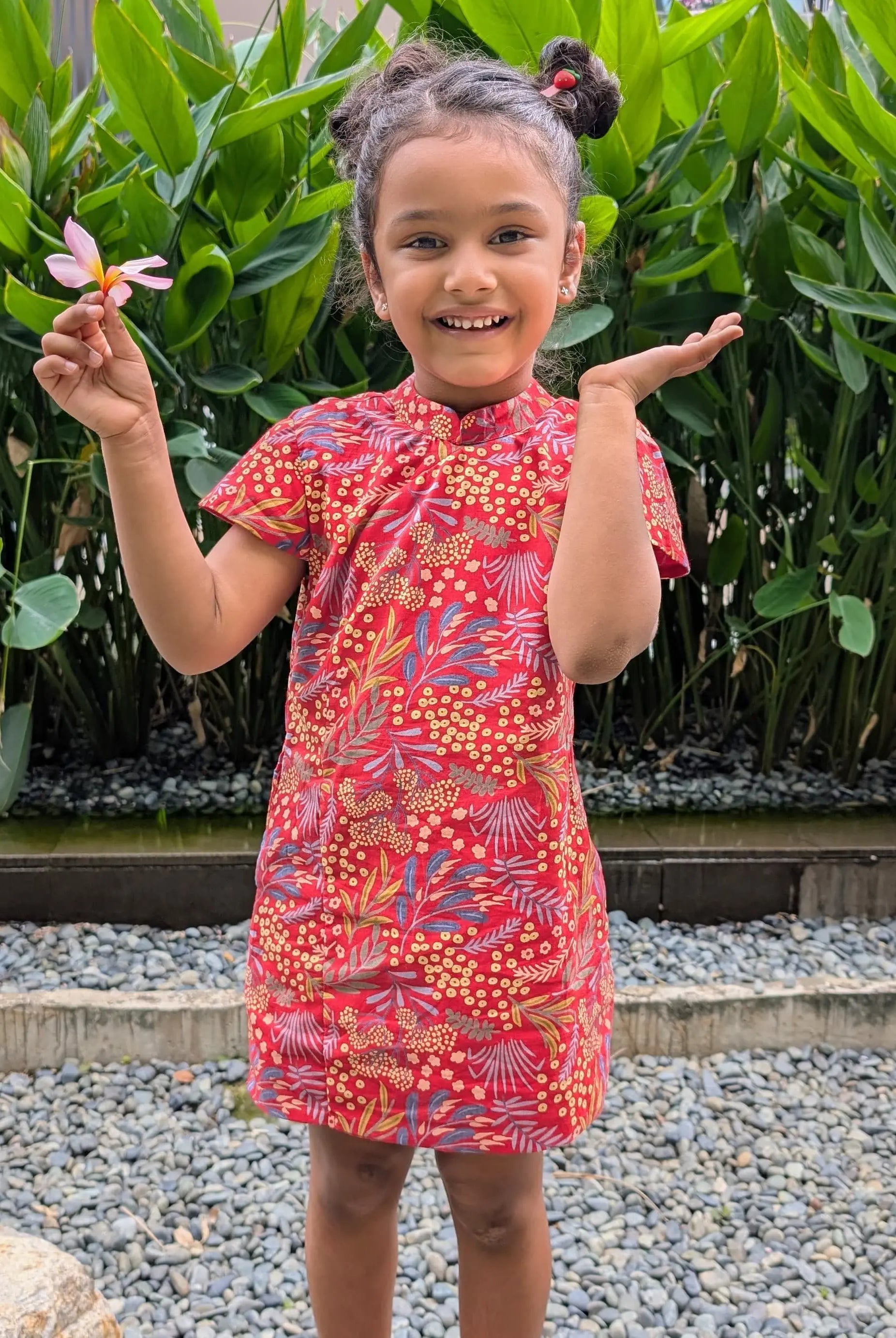 Ruby Blossom Girls Cotton Cheongsam Dress in Red Floral Nimbu