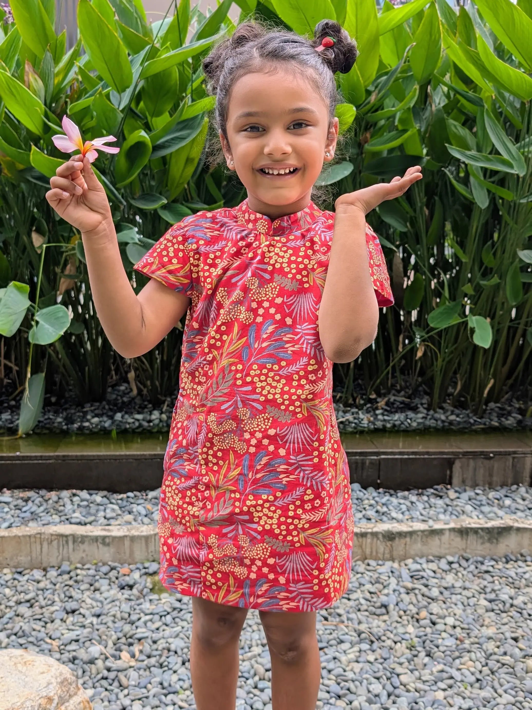 Ruby Blossom Girls Cotton Cheongsam Dress in Red Floral Nimbu