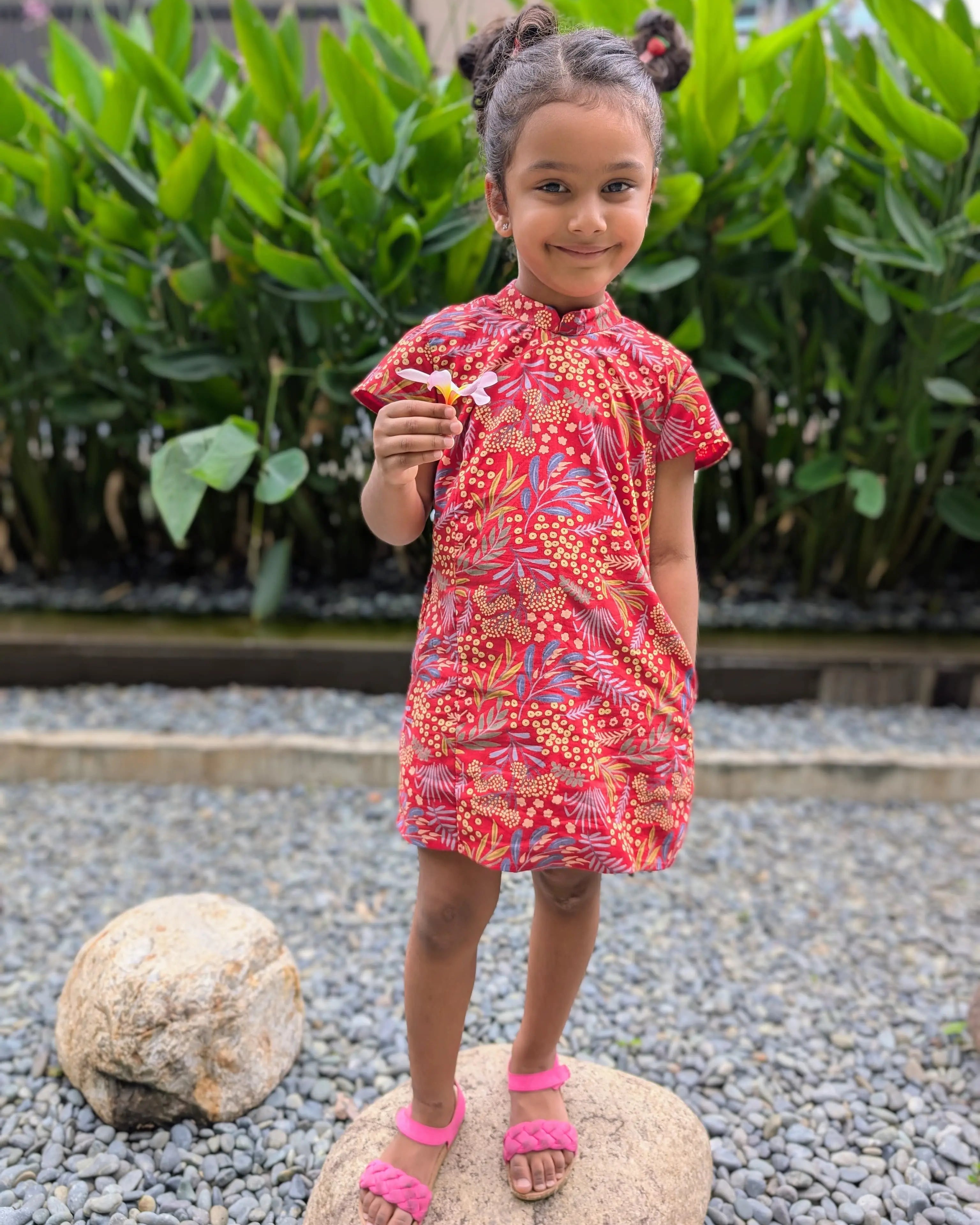 Ruby Blossom Girls Cotton Cheongsam Dress in Red Floral Nimbu